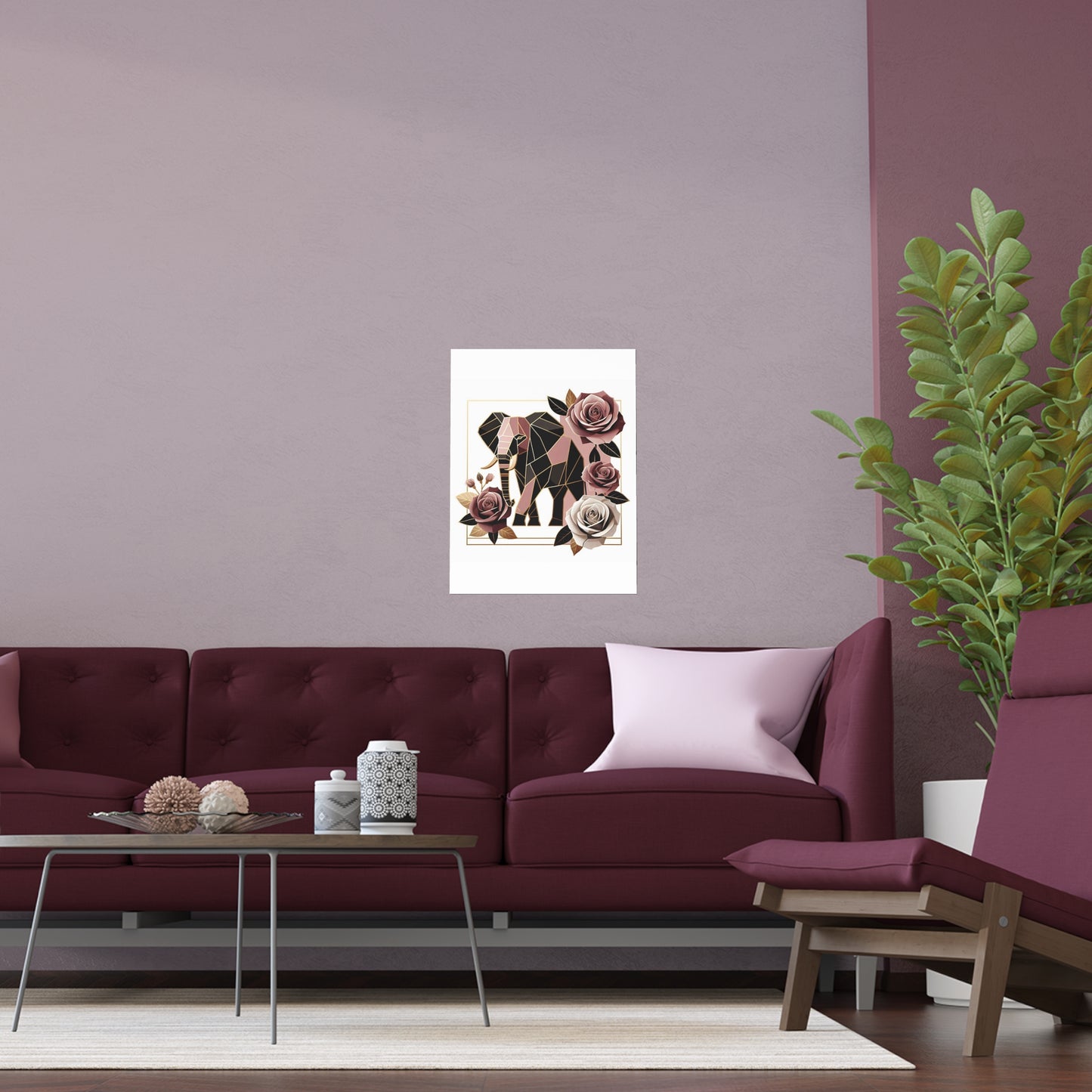 Elegant Floral Silk Poster - Indoor/Outdoor Wall Art for Home Decor - Brown & Mauve Elephant & Roses