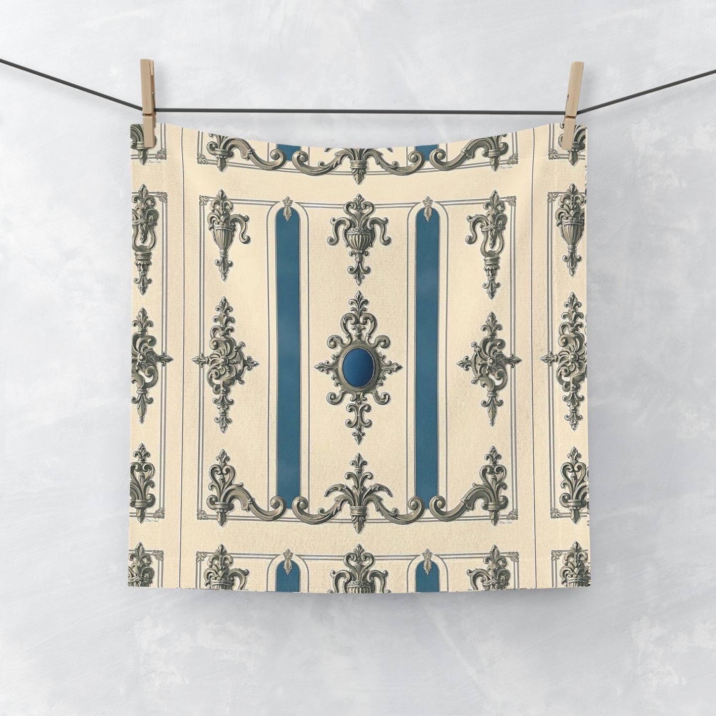 Elegant Decorative Face Towel - Luxury Home Accessory - Alabaster & Ocean Blue Baroque