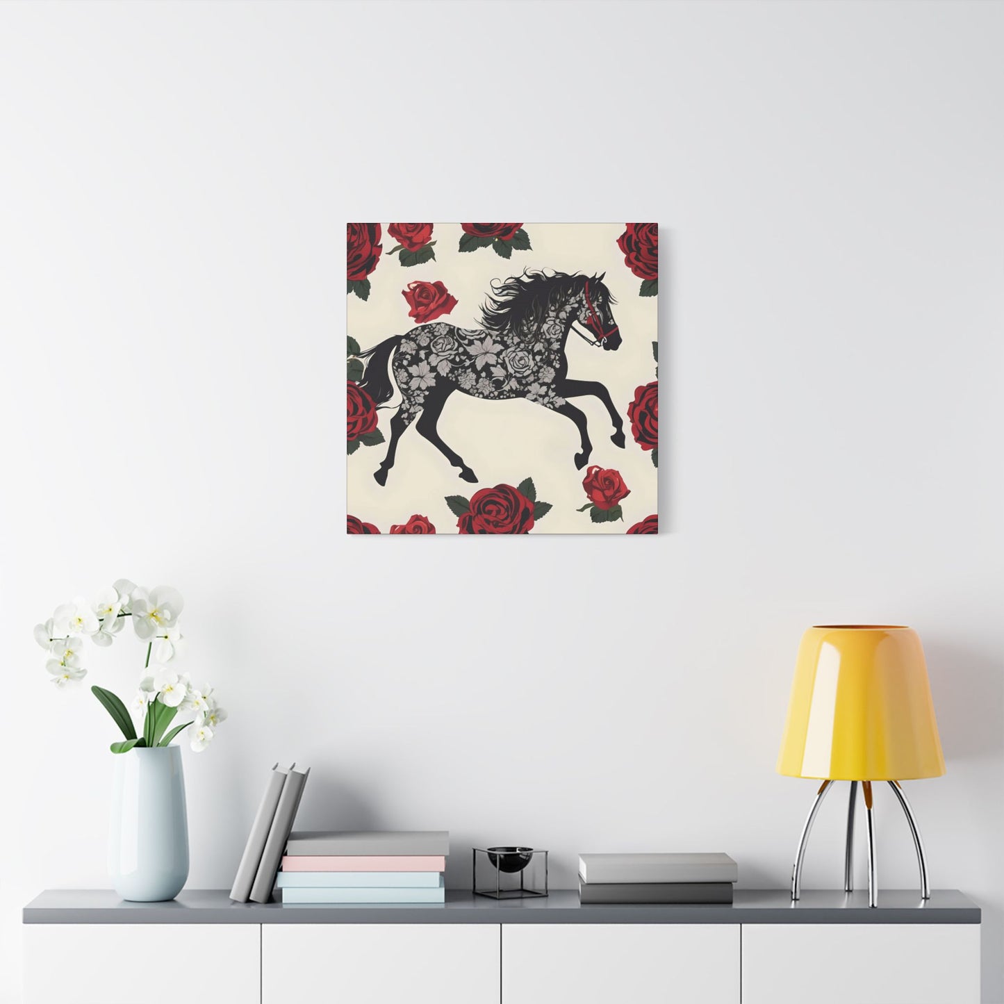 Art Print Canvas, Wall Decor, Satin Stretched Canvas, Equestrian Art, Office Decor, Home Decor - Horse & Roses