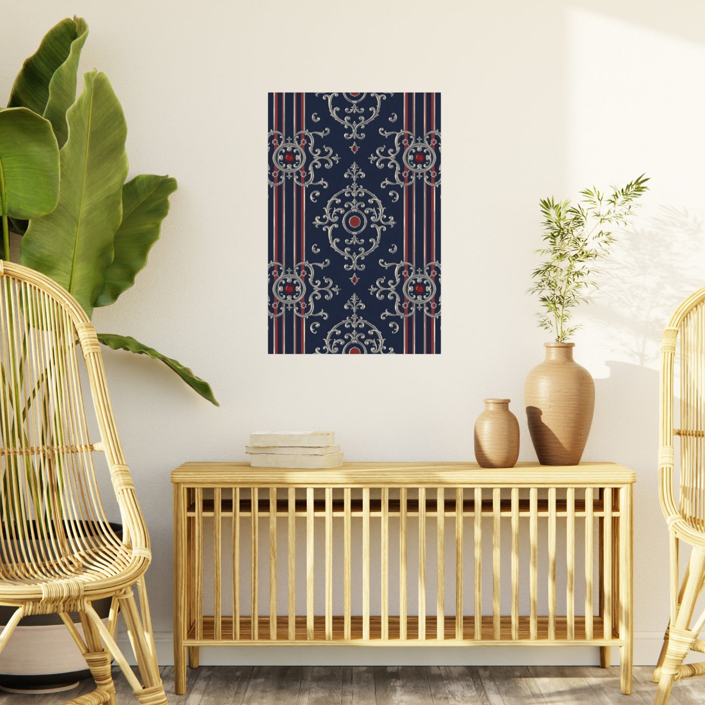 Elegant Foam Board Decor, Nautical Wall Art, Framed Print Alternative, Home Office Wall Accent, Gift for Him/Her - Blue & Red Striped Silver Baroque