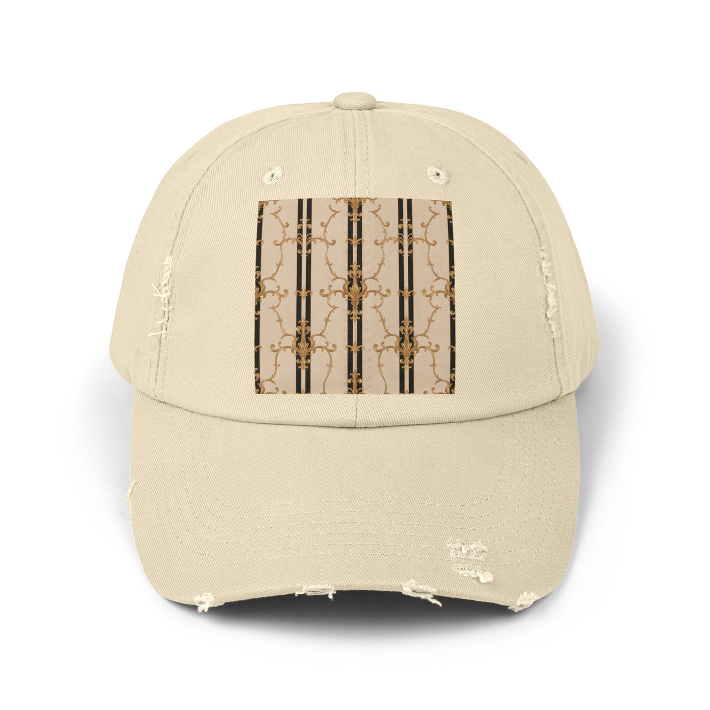 Chic Distressed Cap, Trendy Unisex Hat, Casual Summer Accessory, Perfect Gift for Fashion Lovers - Black & Beige Striped Damask