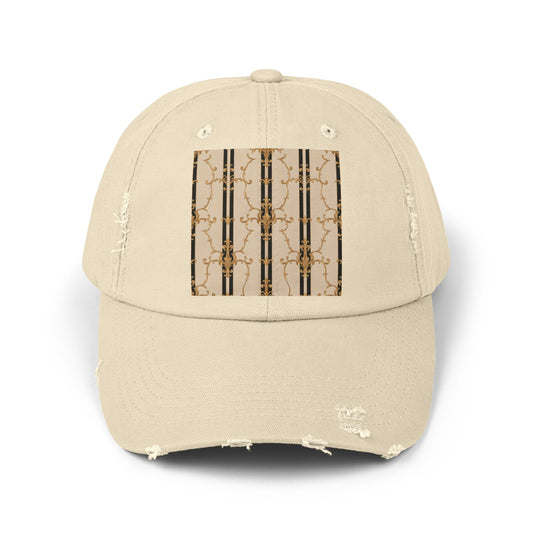 Chic Distressed Cap, Trendy Unisex Hat, Casual Summer Accessory, Perfect Gift for Fashion Lovers - Black & Beige Striped Damask