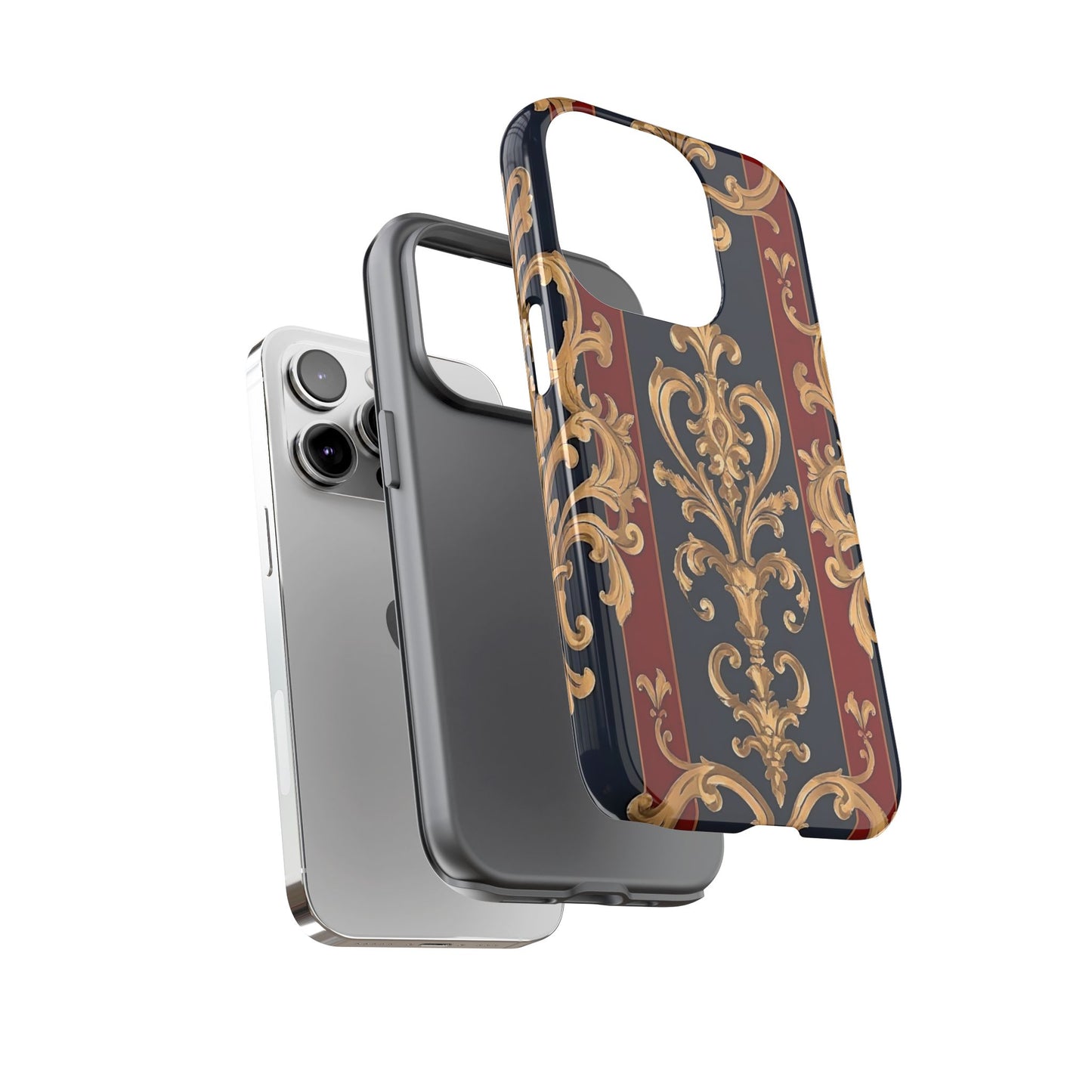 Elegant Floral Motif Phone Case - Tough Cases with Vintage Design - Midnight Blue & Dusk Red Striped Gold Damask