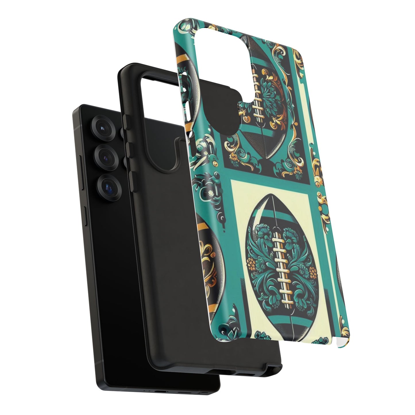 Elegant Floral Motif Phone Case - Tough Cases with Vintage Design -  Damask Teal, Gold & Black Footballs