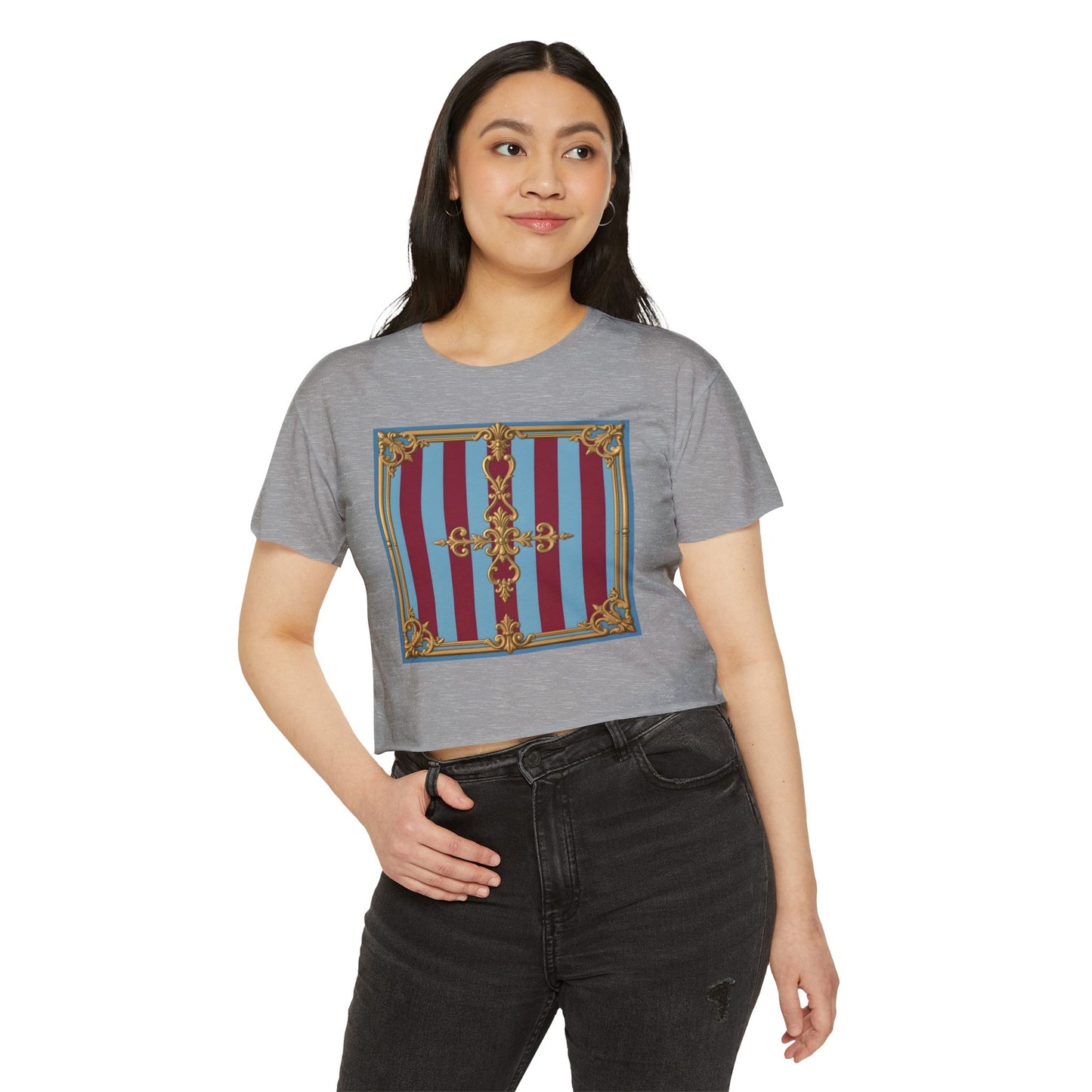 Women's Baroque Festival Crop Top, Summer Crop Tee, Casual Festival Wear, Concert Top, Eco-Friendly Fashion - Sky Blue & Maroon Striped Baroque