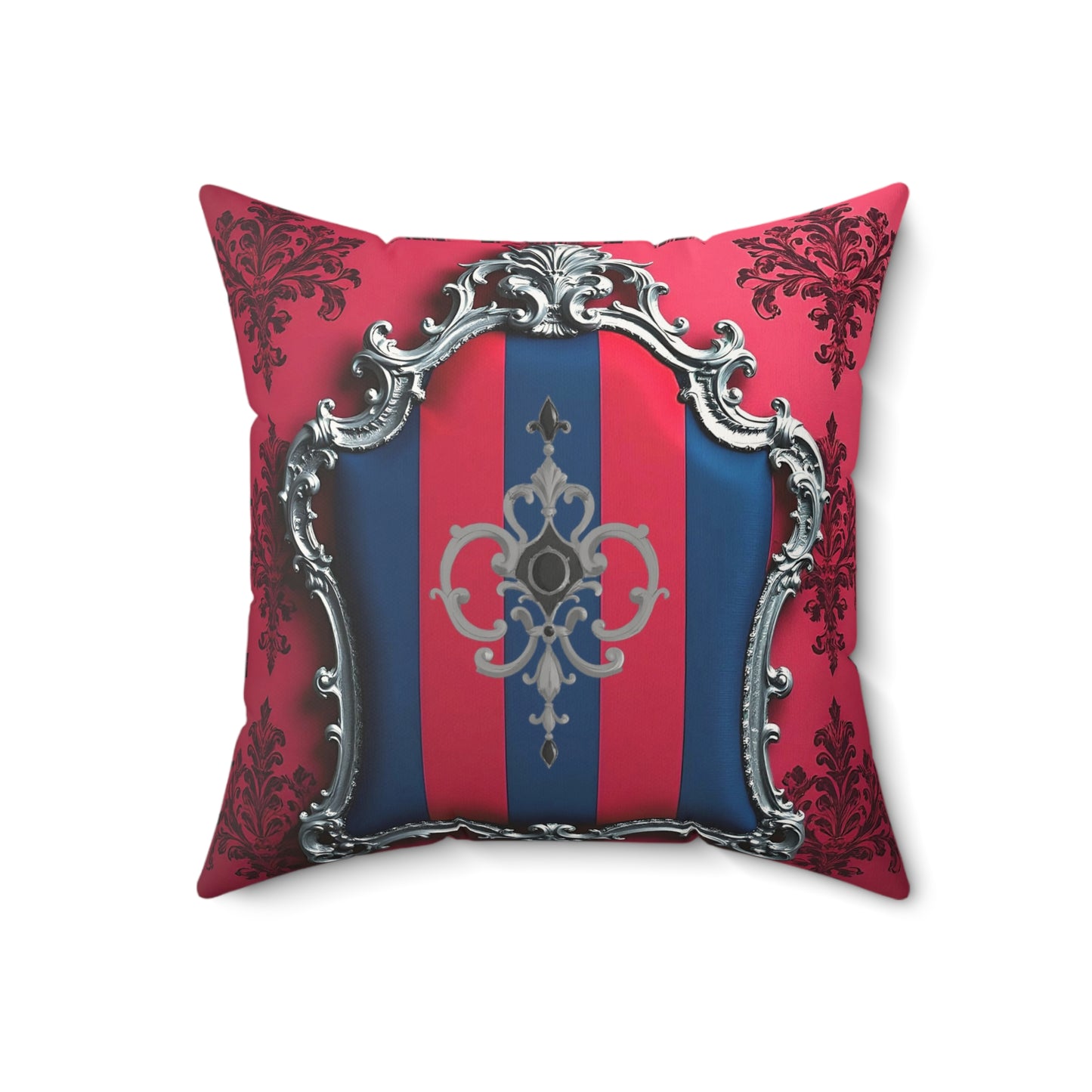 Luxurious Faux Suede Square Pillow with Elegant Pattern, Home Decor, Sofa Accent, Living Room Accent - Blue & Red Striped Silver Crest