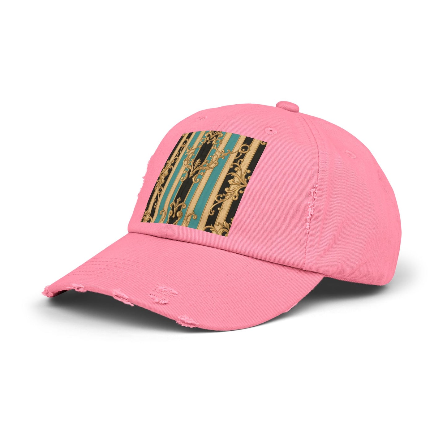 Distressed Black, Tan & Ocean Green Striped Gold Baroque Cap with Elegant Stripe Design | Vintage-Inspired Accessories, Unisex Casual Hat