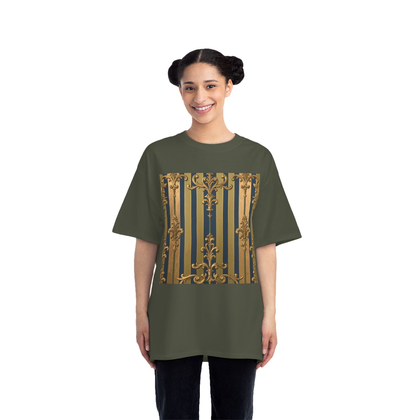 Elegant Midnight Blue & Olive Striped Gold Baroque Short-Sleeve Unisex T-Shirt, Vintage Fashion Tee, Casual Summer Top