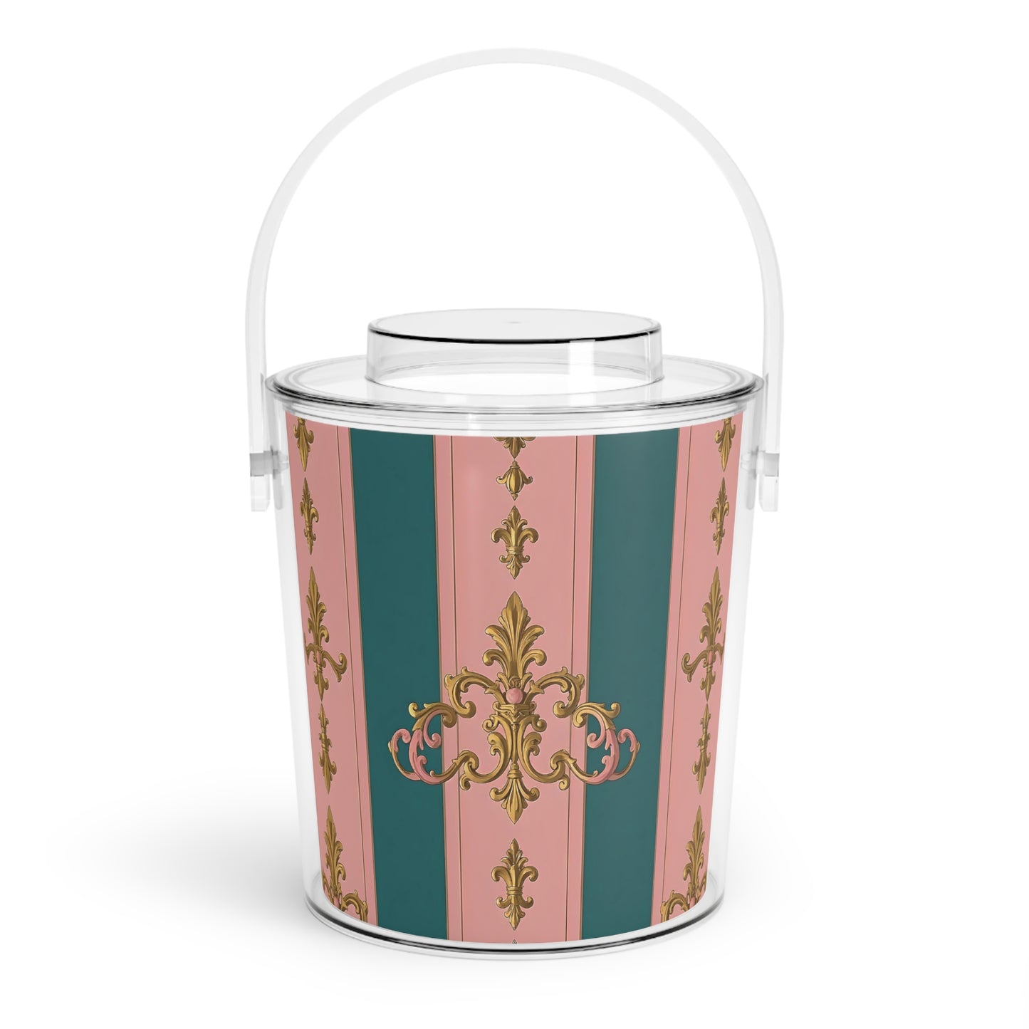 Elegant Ice Bucket with Tongs, Glamorous Party Accessory, Home Bar Essentials, Perfect for Weddings - Pink & Teal Striped Gold Baroque