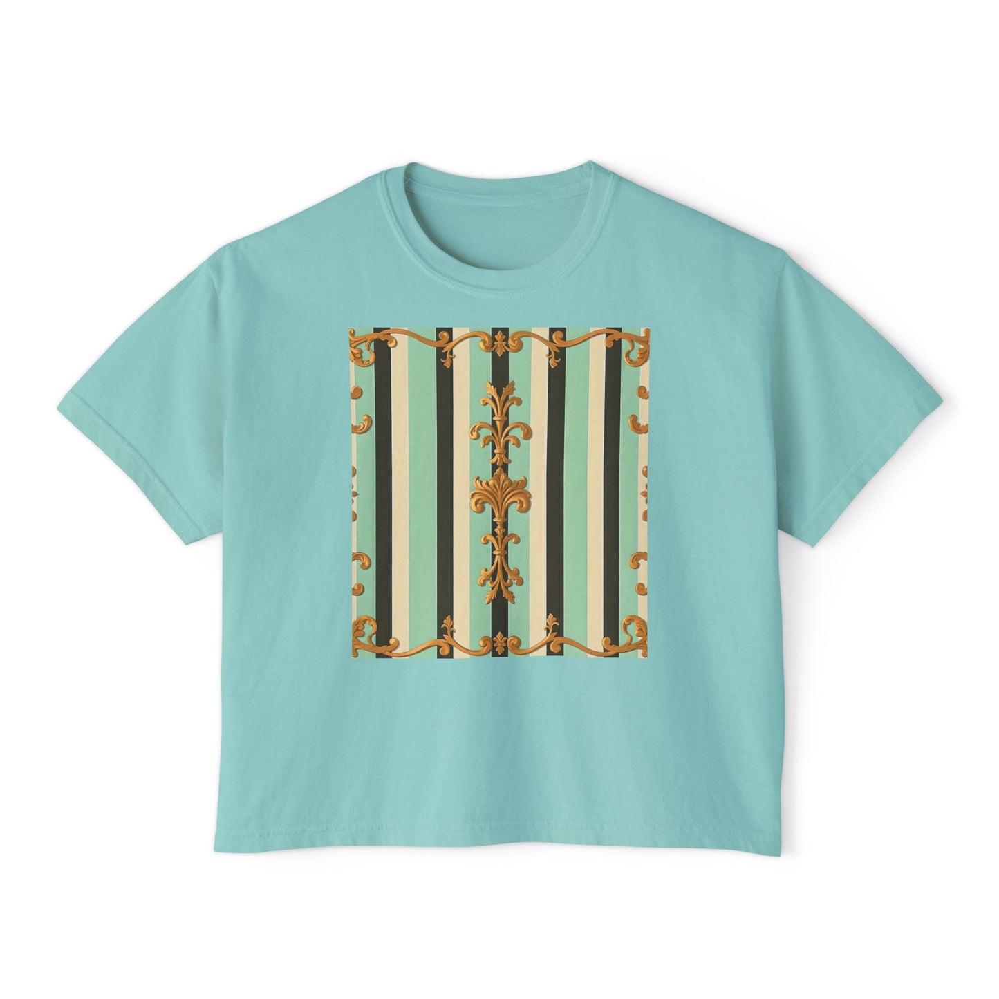 Boho Women's Boxy Tee, Casual Crop Top, Summer Tee, Festival Shirt, Everyday Wear, Vintage Style - Black & Matte Mint Striped Rococo
