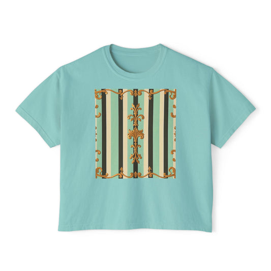 Boho Women's Boxy Tee, Casual Crop Top, Summer Tee, Festival Shirt, Everyday Wear, Vintage Style - Black & Matte Mint Striped Rococo
