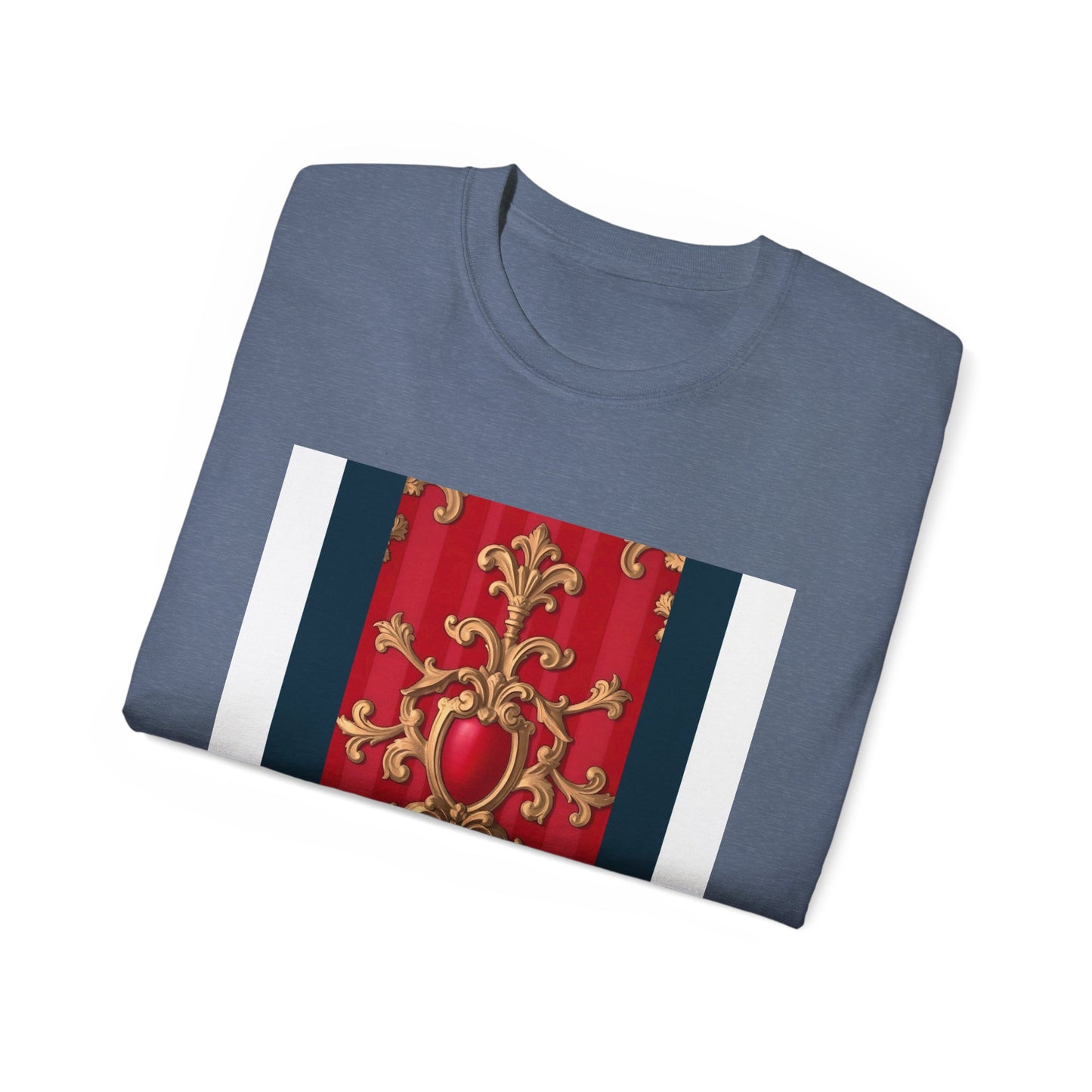 Regal Red Baroque T-Shirt, Artistic Tee, Gift for Art Lovers, Fashionable Statement Shirt, Unique Graphic Top - Blue, Red & White Striped Baroque