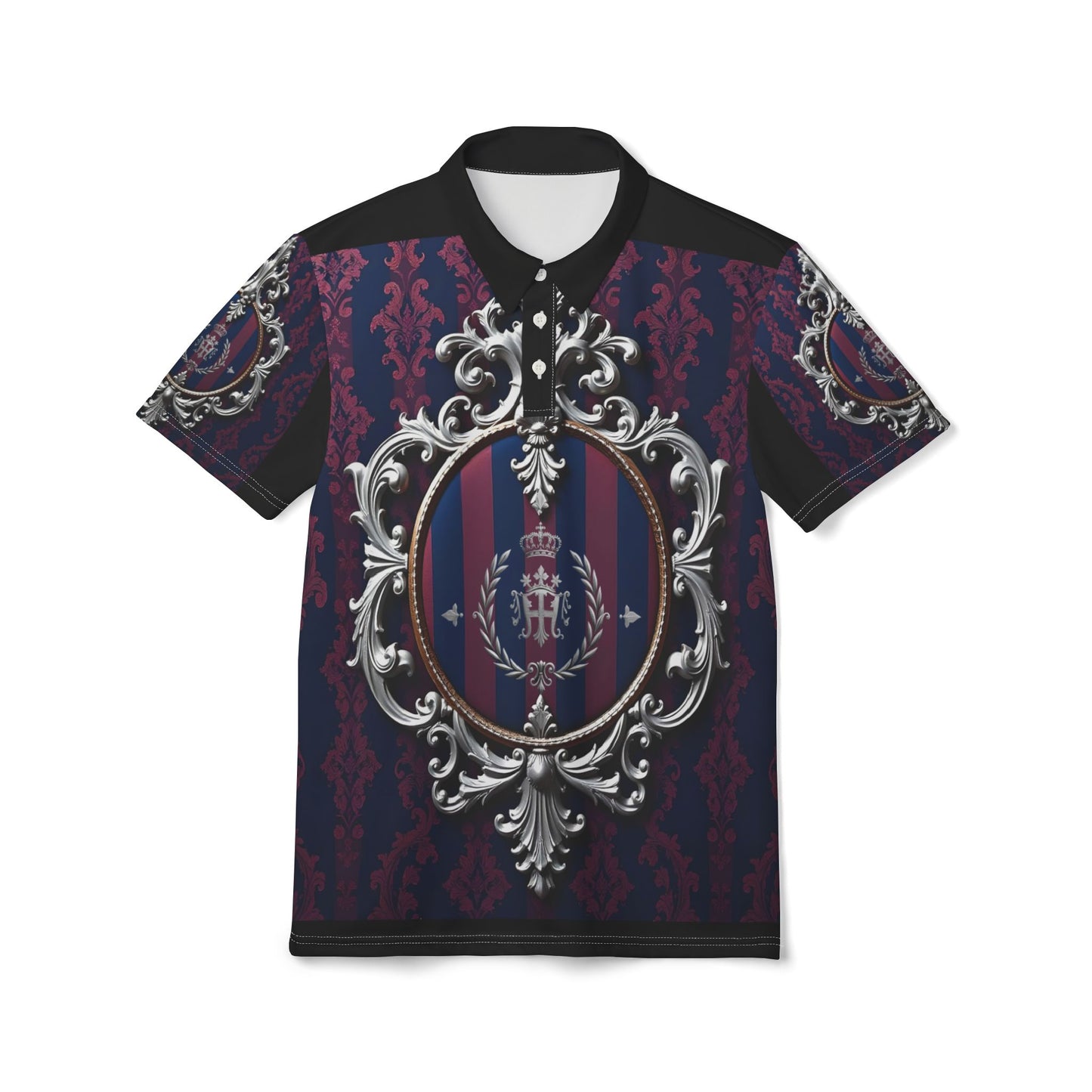 Elegant Unisex Polo Shirt with Regal Design, Casual Fashion, Gift for Men & Women, Everyday Wear, Unique Style - Blue & Plum Striped Silver Crest