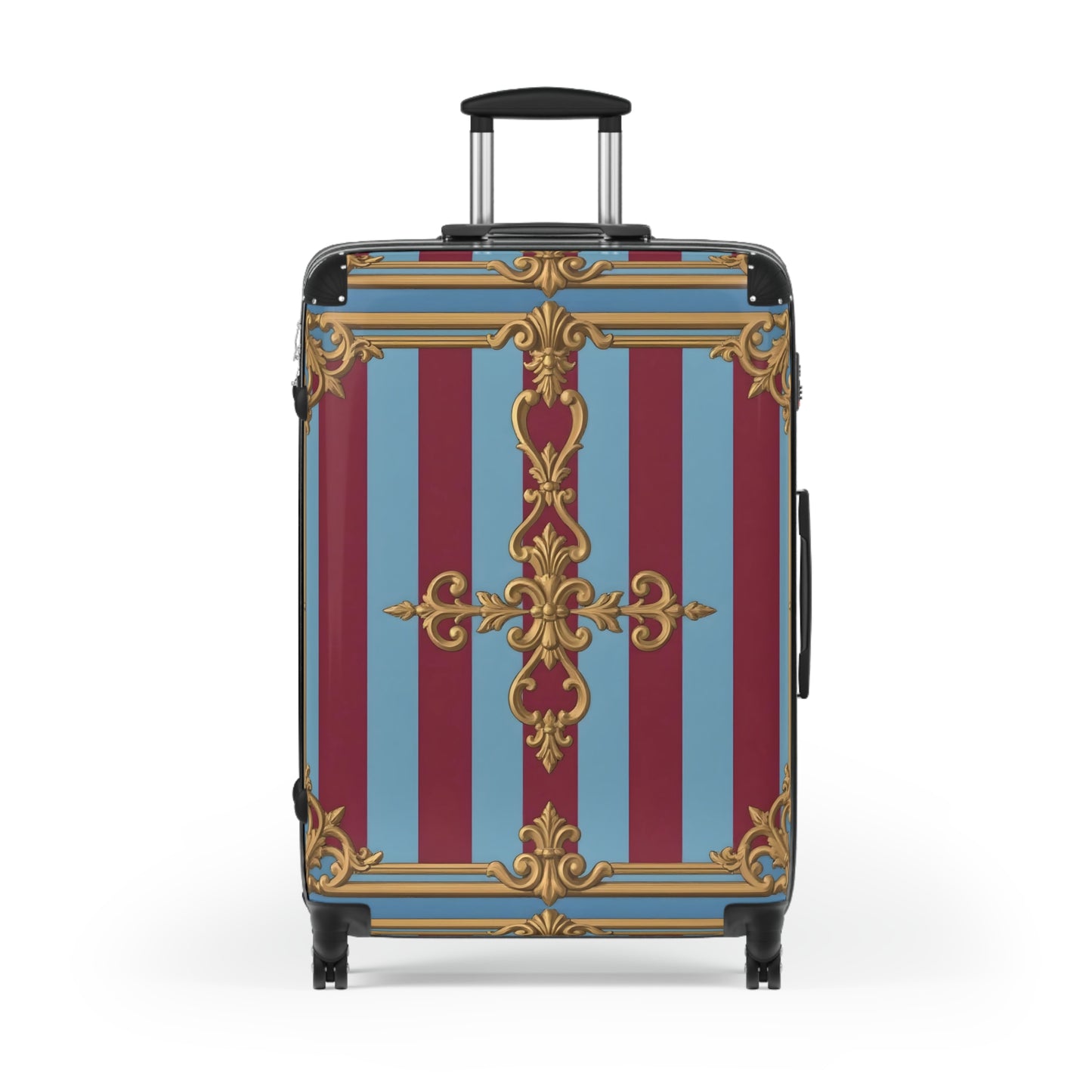 Elegant Vintage-Inspired Suitcase, Travel Luggage, Stylish Holiday Gift, Unique Baggage for Adventurers - Sky Blue & Maroon Striped Baroque