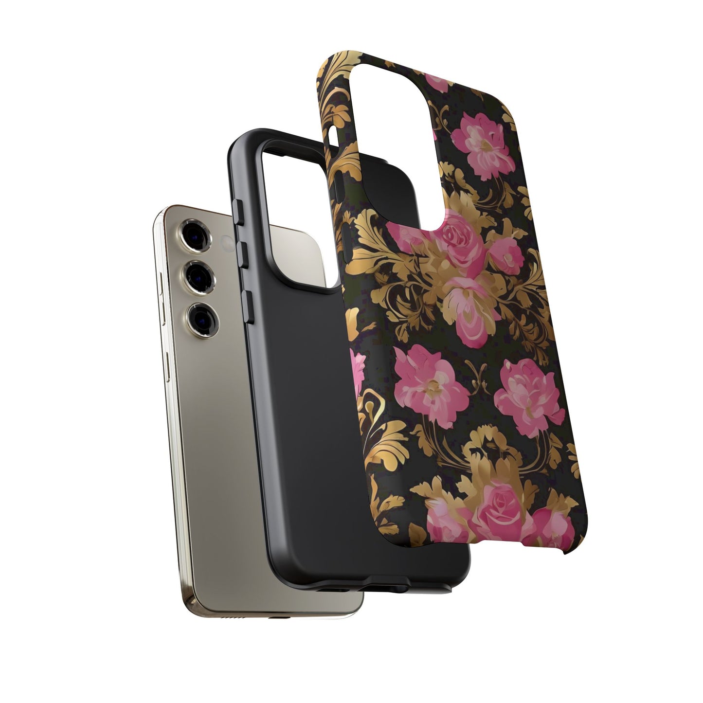 Elegant Floral Motif Phone Case - Tough Cases with Vintage Design - Pink & Gold Roses