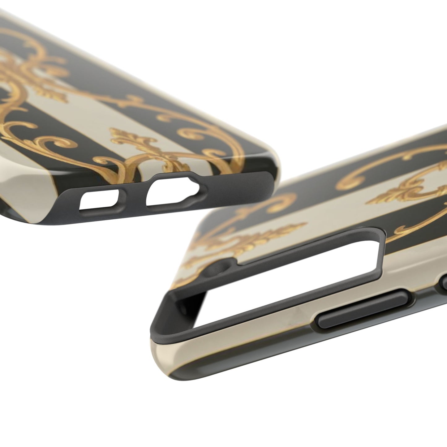 Elegant Black & Alabaster Striped Baroque Tough Phone Cases - Chic Protection, Black Gold Decor, Stylish Accessory, Gift for Her, Trendy Tech