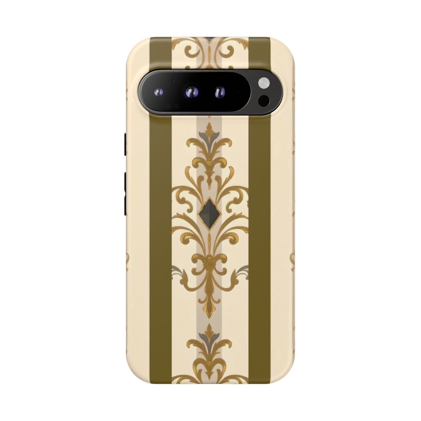 Elegant Floral Motif Phone Case - Tough Cases with Vintage Design - Olive Striped Gold Damask