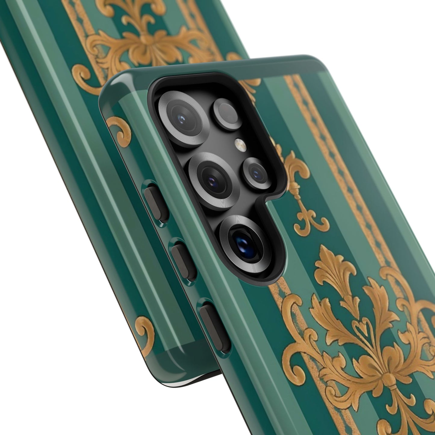 Elegant Floral Motif Phone Case - Tough Cases with Vintage Design - Teal Striped Gold Damask
