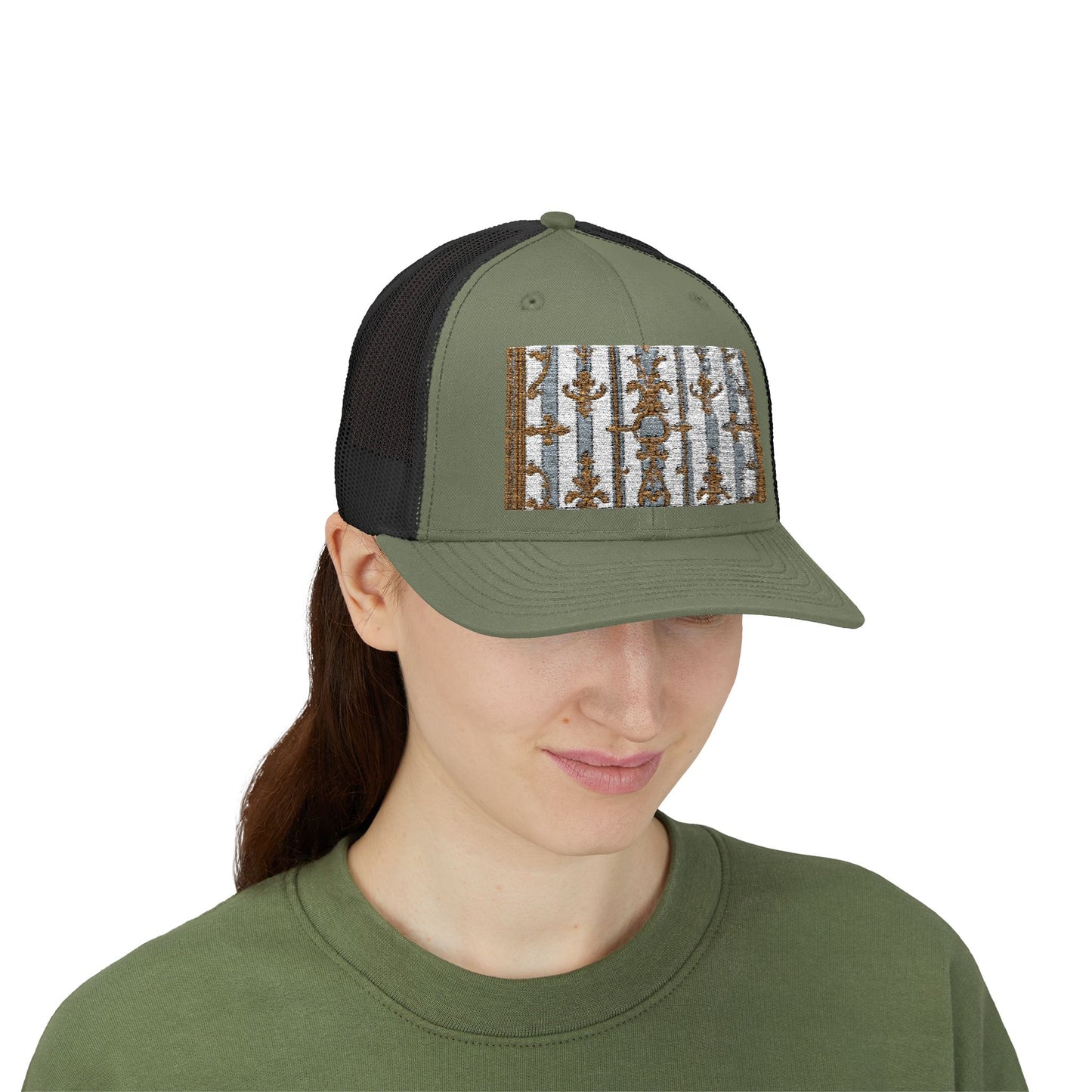 Stylish Snapback Trucker Cap with Nature-Inspired Design - Summer Festivals - Matte Gray & Cream Striped Gold Baroque