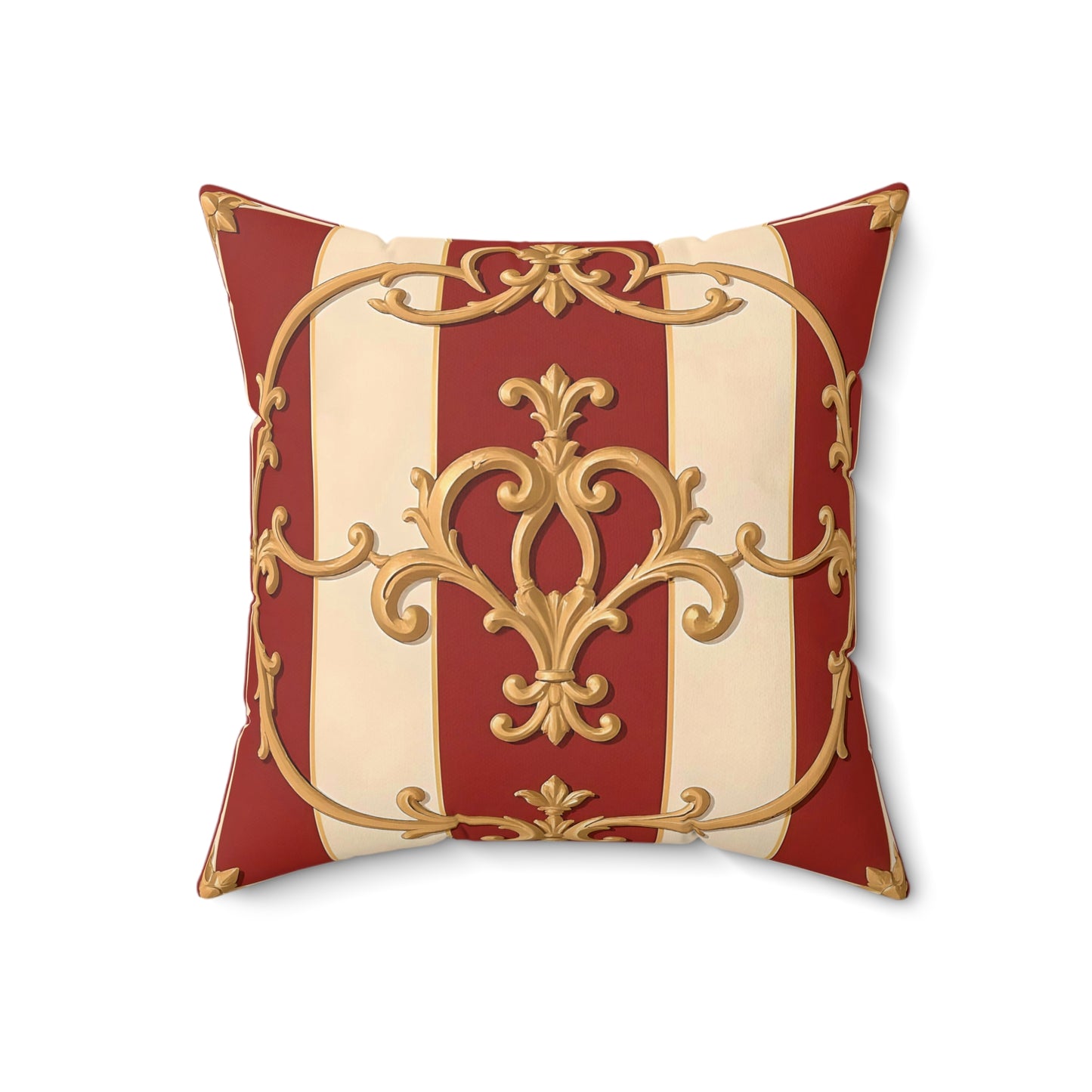 Elegant Faux Suede Square Pillow with Gold Ornate Design - Alabaster & Dusk Orange Striped Baroque