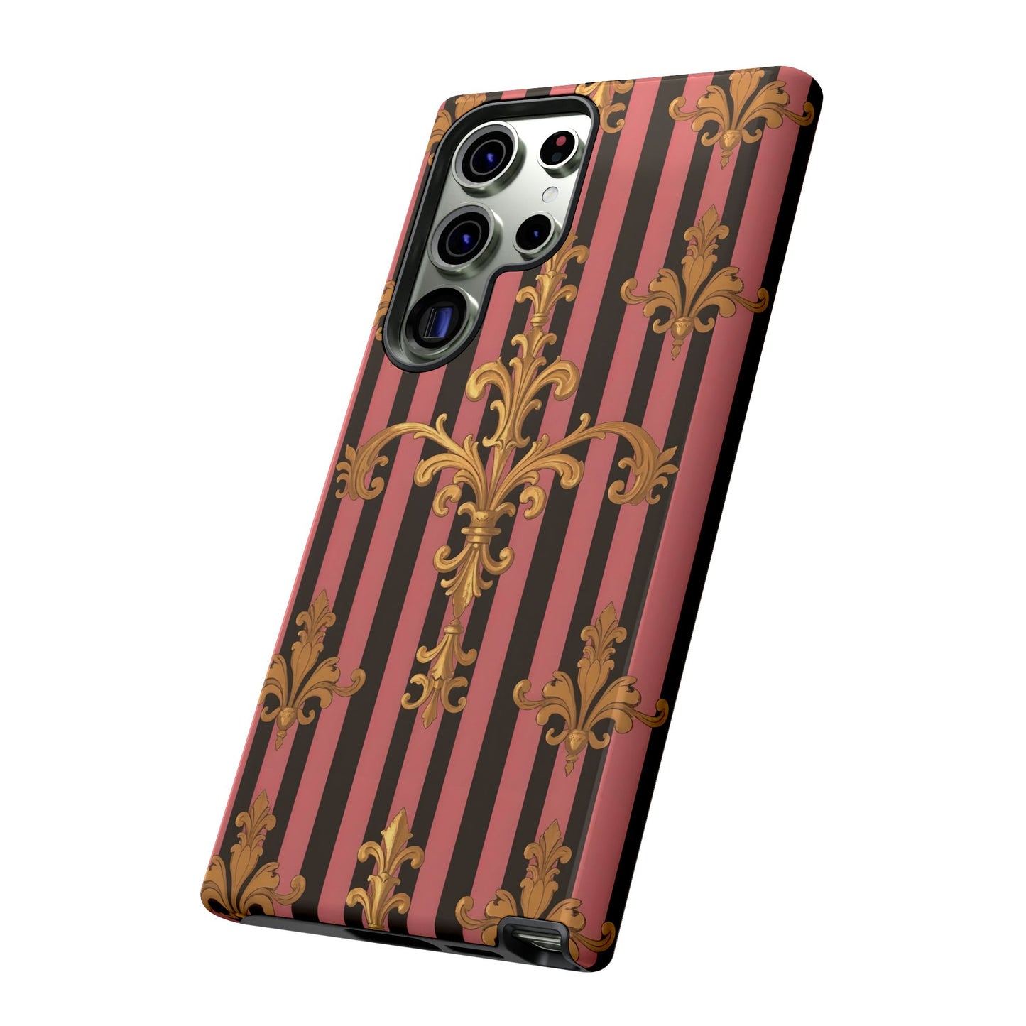 Elegant Floral Motif Phone Case - Tough Cases with Vintage Design - Mauve Striped Gold Damask