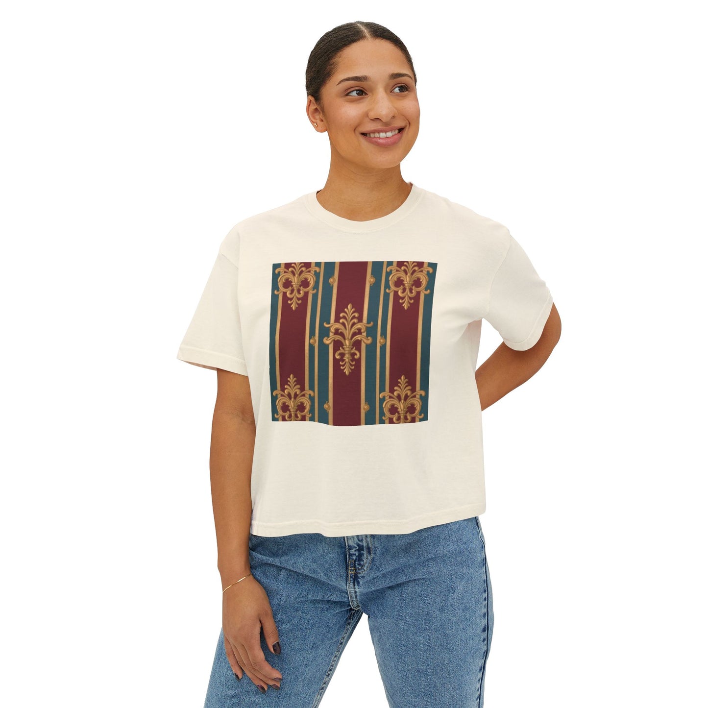 Vintage Floral Women's Boxy Tee, Casual Shirt, Graphic Tee, Everyday Wear, Gift for Her - Burgundy Striped Gold Baroque