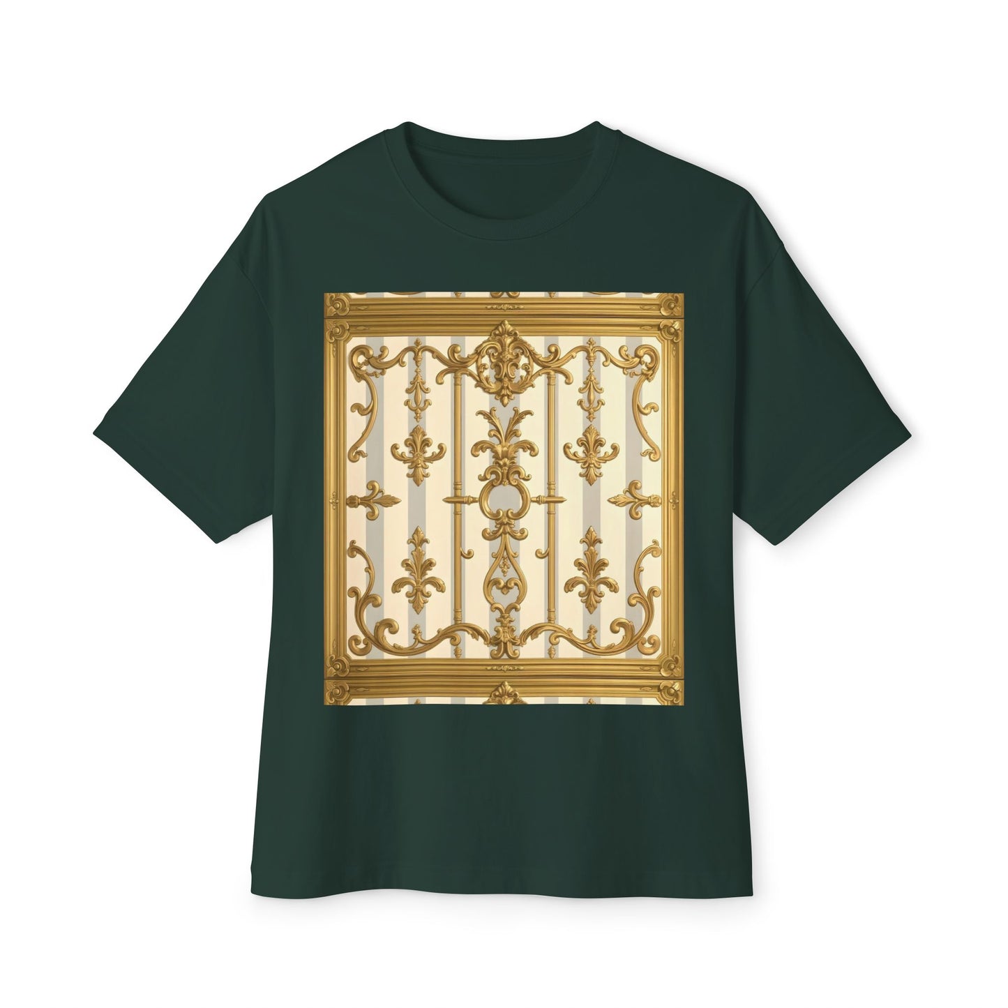Golden Art Unisex Oversized Tee, Graphic Tee, Trendy Streetwear, Casual Shirt - Matte Gray & Cream Striped Gold Baroque