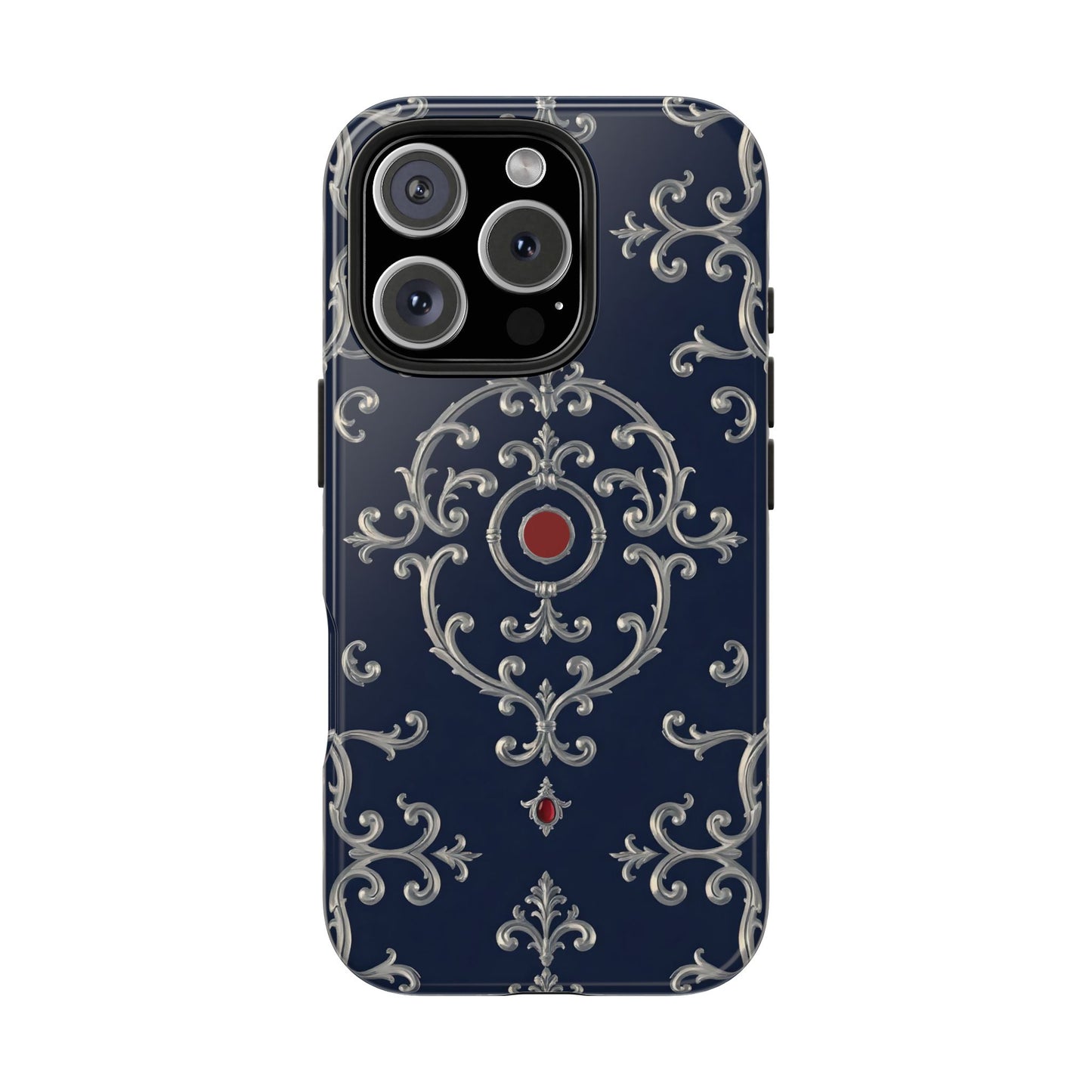 Elegant Patterned Tough Phone Cases for Stylish Protection, Gift for Her, Unique Accessories - Blue & Red Striped Silver Baroque