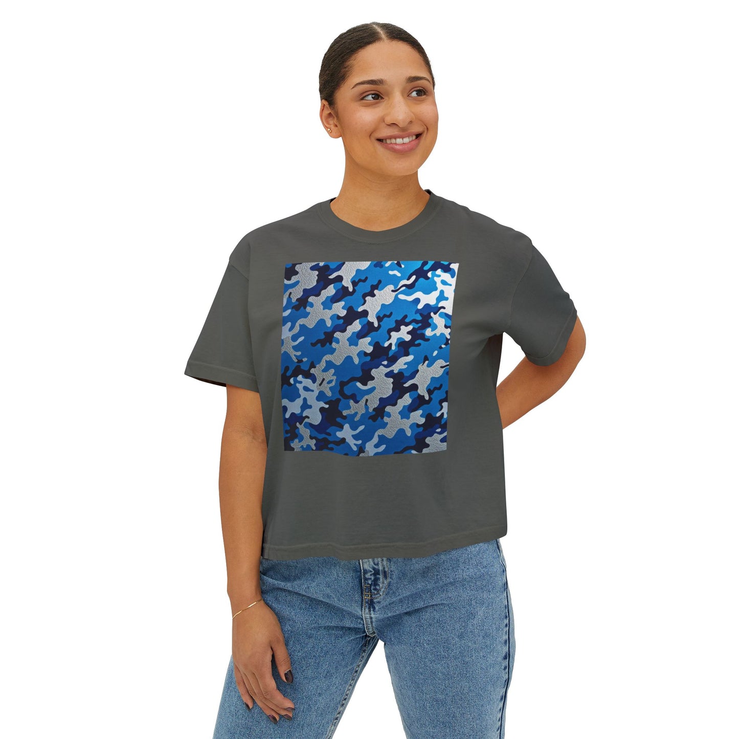 Camo Print Women's Boxy Tee, Casual Top, Summer T-Shirt, Outdoor Wear, Gift for Her, Trendy Fashion - Blue Camo