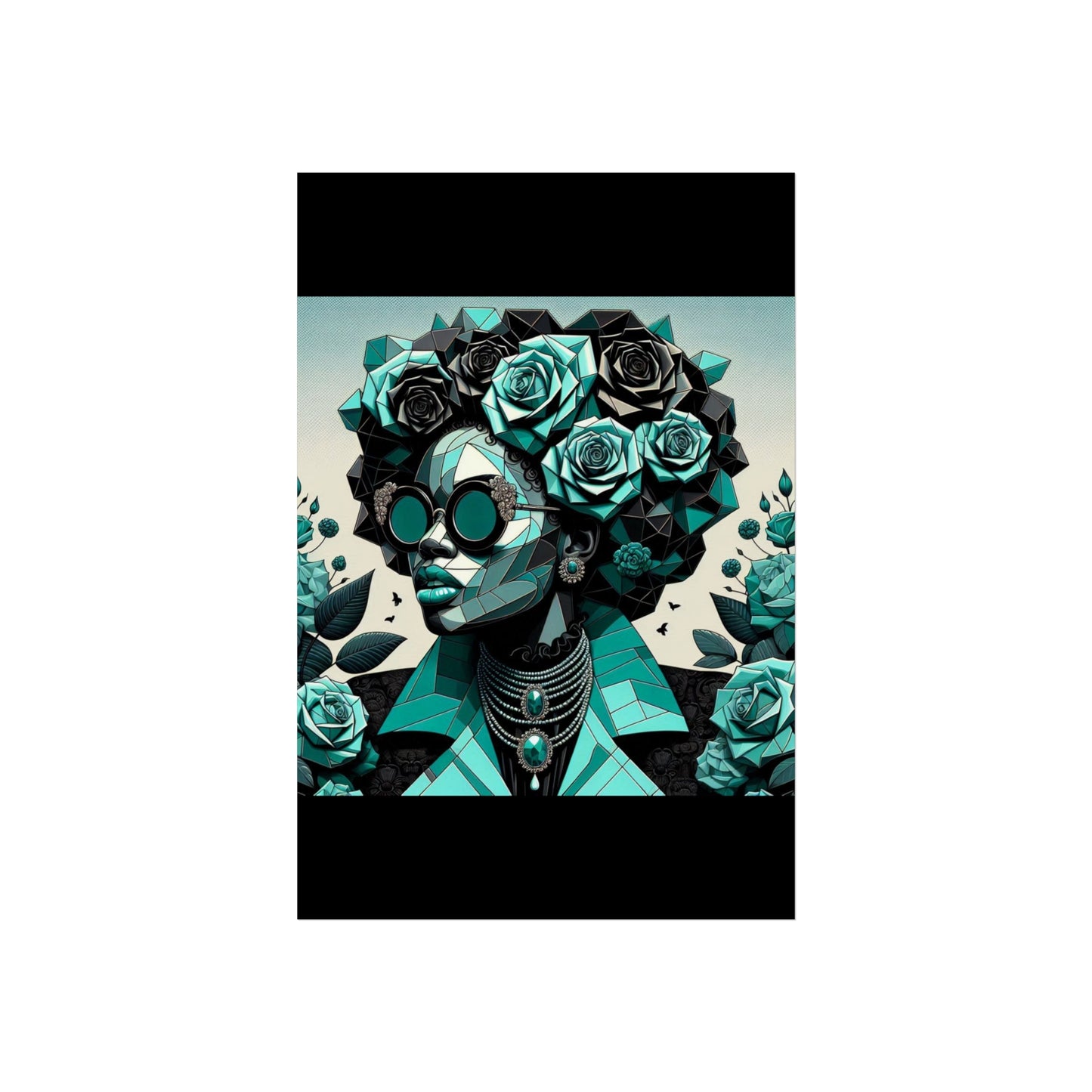 Chic Floral Fine Art Poster | Modern Wall Decor, Home Aesthetic, Gift for Art Lovers, Unique Room Makeover - Turquoise & Black Roses Lady