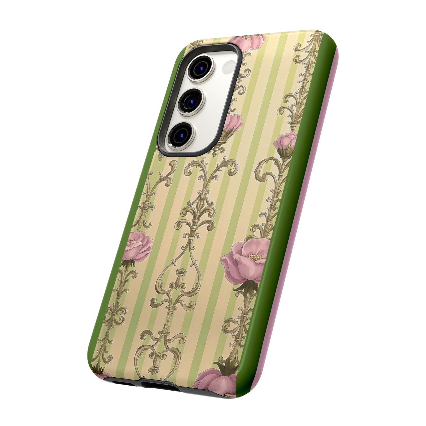 Elegant Floral Motif Phone Case - Tough Cases with Vintage Design - Lime Green & Pink Striped Damask