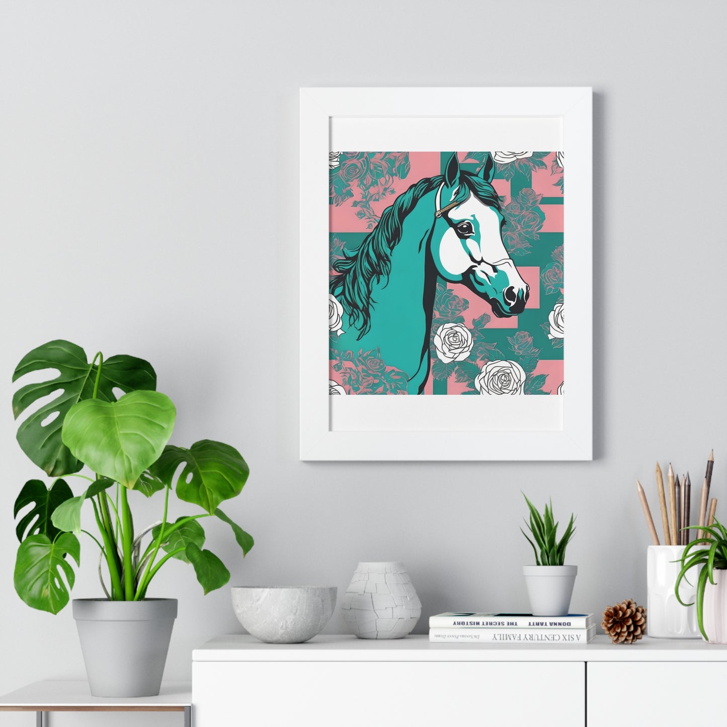 Vertical Poster - Stylish Modern Art for Home Decor - Teal & White Horse