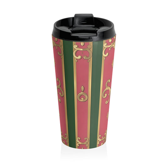 Elegant Vintage Green Border Pink Striped Baroque Stainless Steel Travel Mug, Coffee Cup for Commuters, Gift for Her, Travel Tumbler