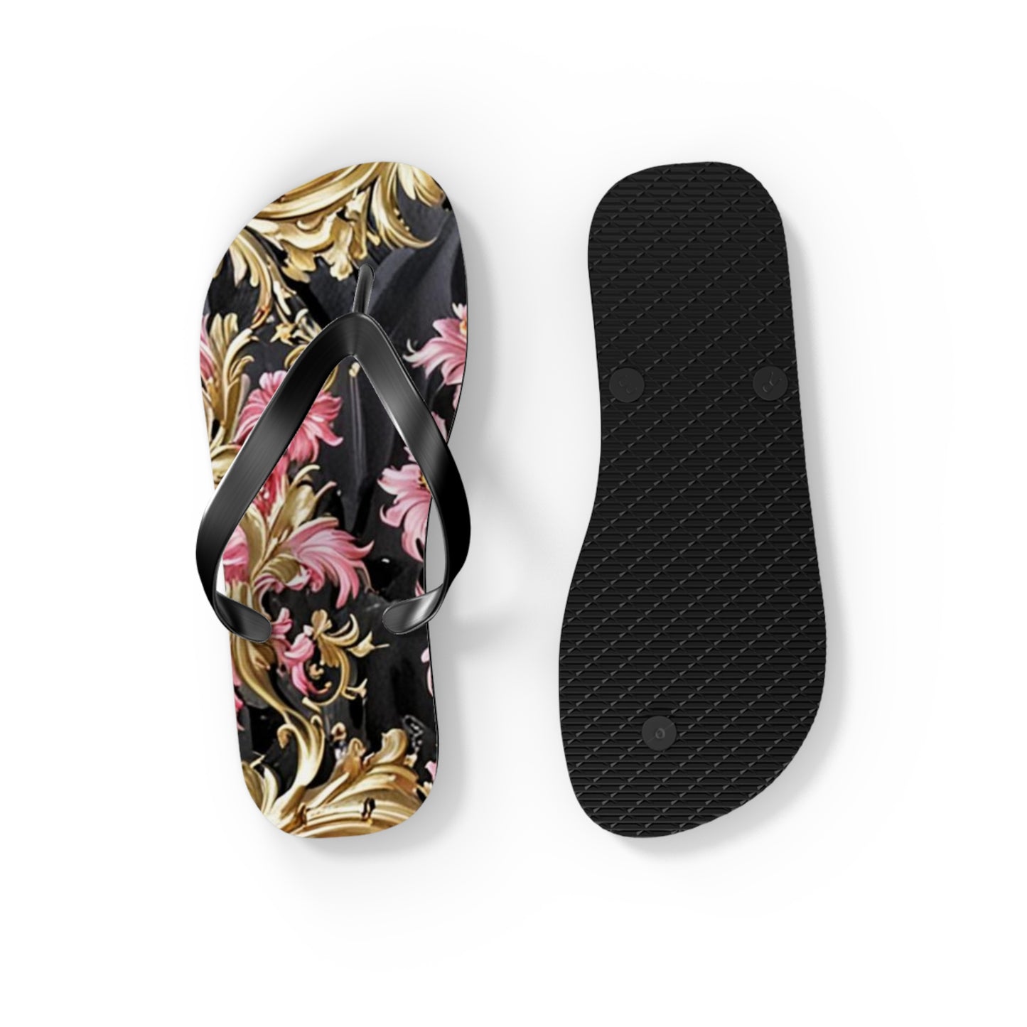 Elegant Floral Flip Flops - Summer Footwear, Beach Sandals, Vacation Accessories, Travel Essentials - Black & Pink Oil Painting Style Rococo