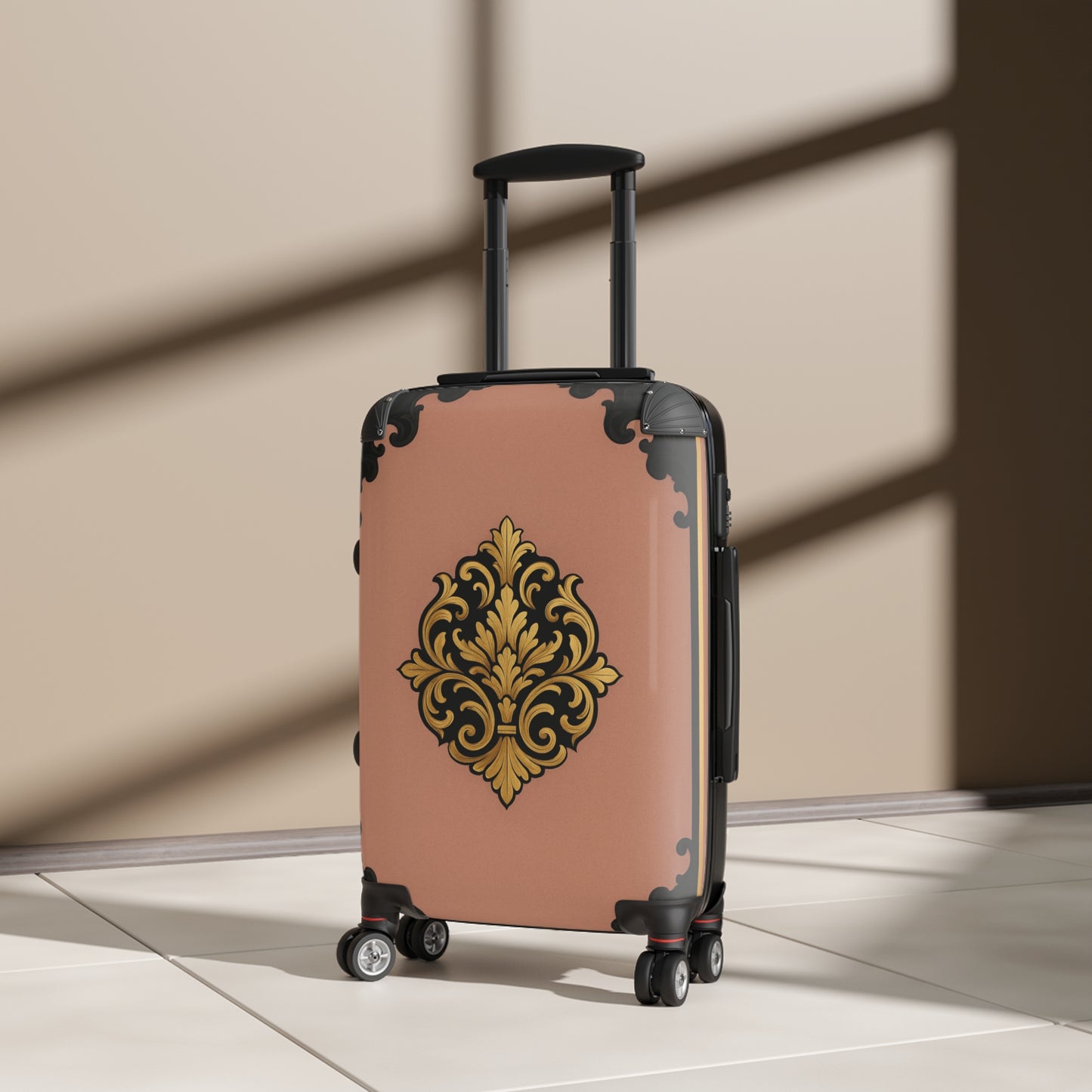 Mauve & Black-Gold Baroque Carry-On Suitcase with Elegant Gold Baroque Design — Vintage Travel Luggage