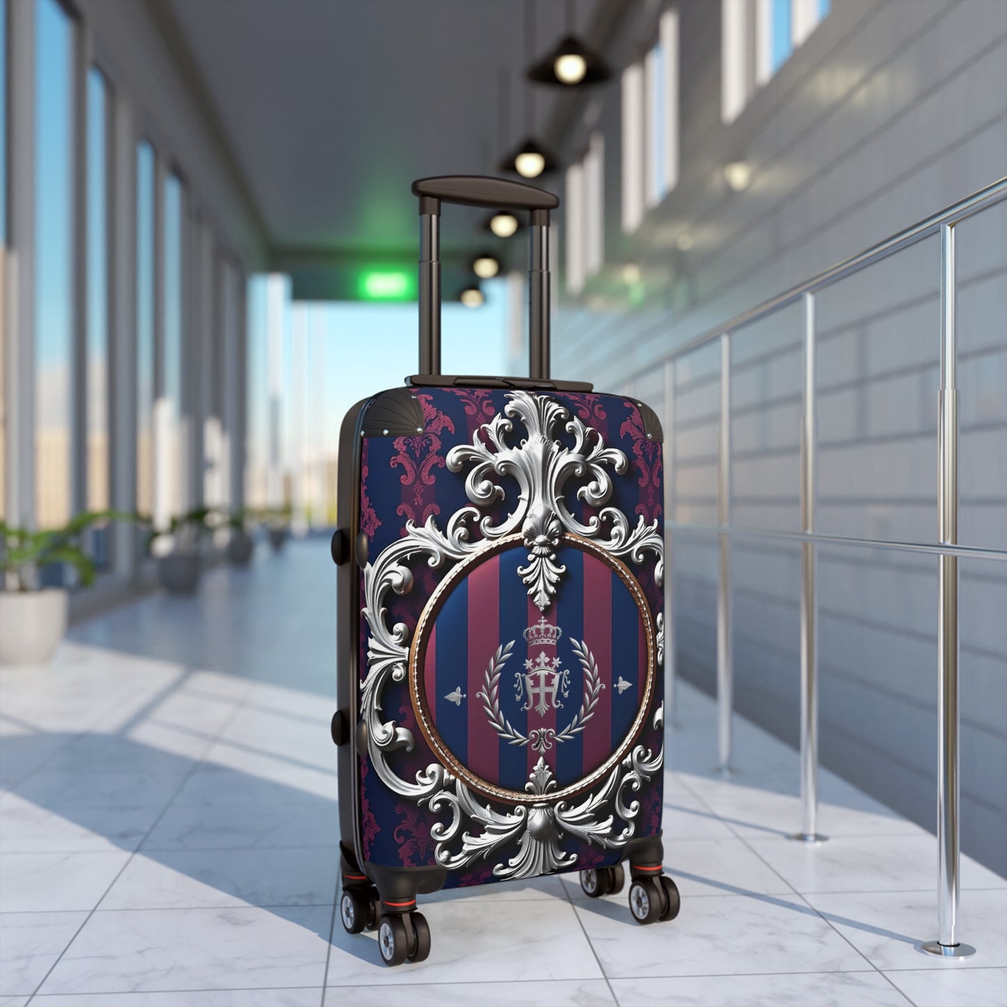 Elegant Suitcase for Travel, Stylish Luggage, Vintage Design Carry-On, Perfect for Adventures, Stylish Getaways - Blue & Plum Striped Silver Crest