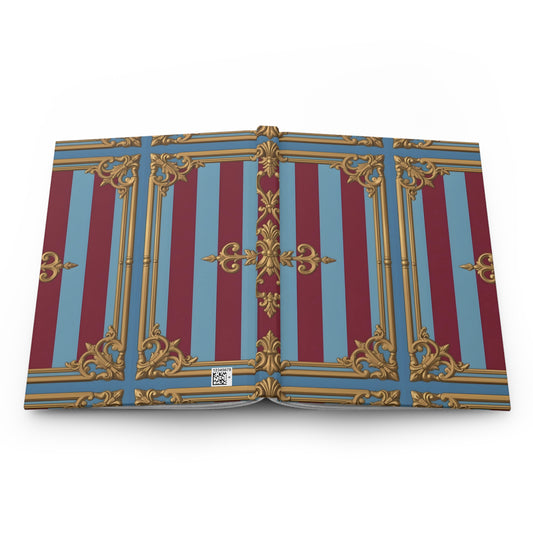 Elegant Vintage Hardcover Journal, Writing Notebook, Decorative Diary, Gift for Writers - Sky Blue & Maroon Striped Baroque