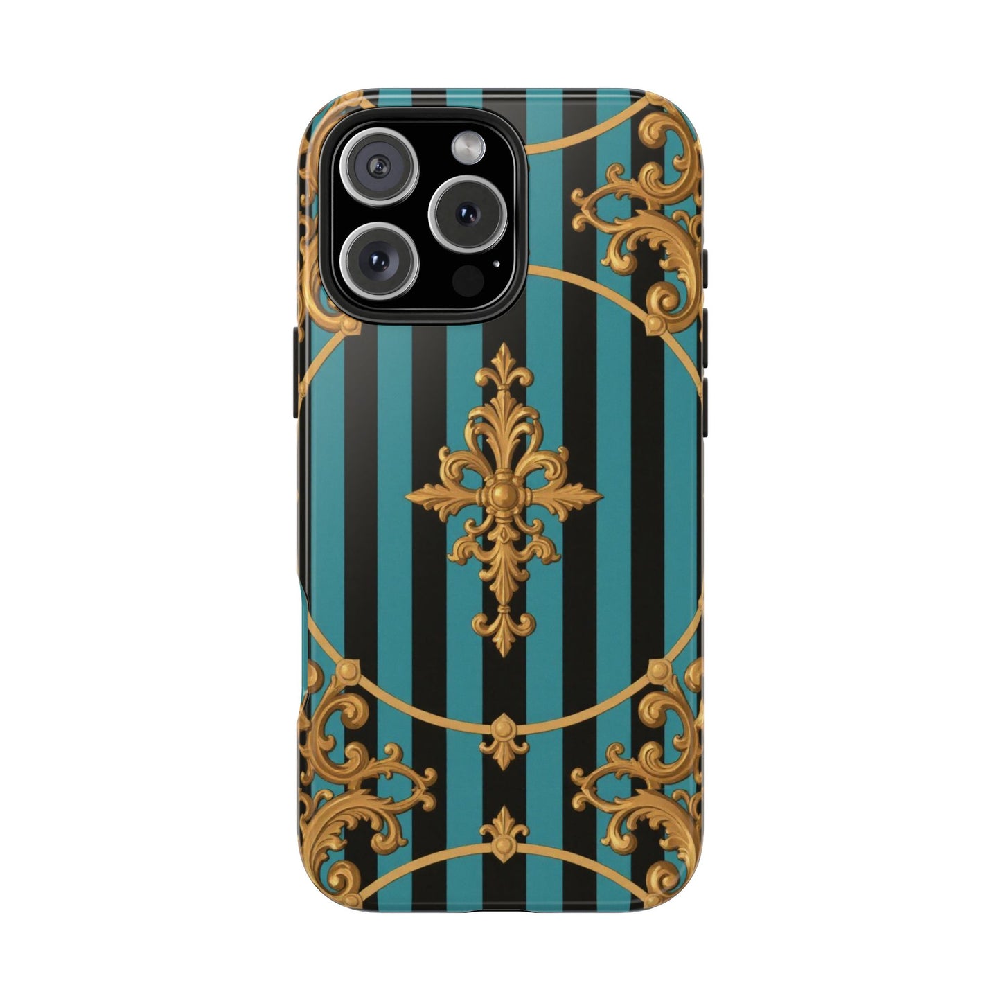 Elegant Turquoise & Black Striped Gold Baroque Phone Case, Tough Phone Cases for Fashion Lovers, Gift for Her, Luxury Accessories