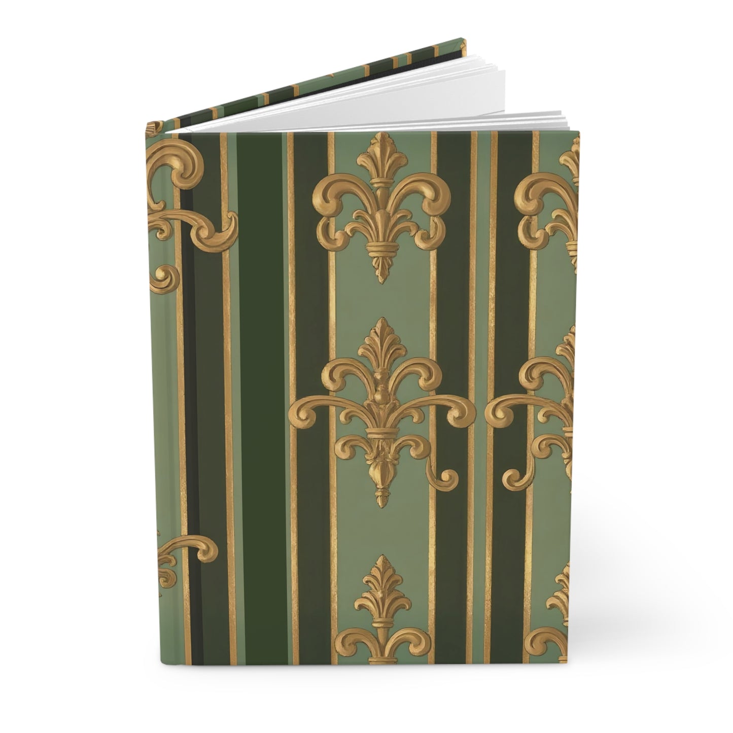Elegant Baroque Hardcover Journal, Green and Gold Journal, Gift for Writers, Stylish Notebook, Vintage Design - Green Striped Gold Baroque