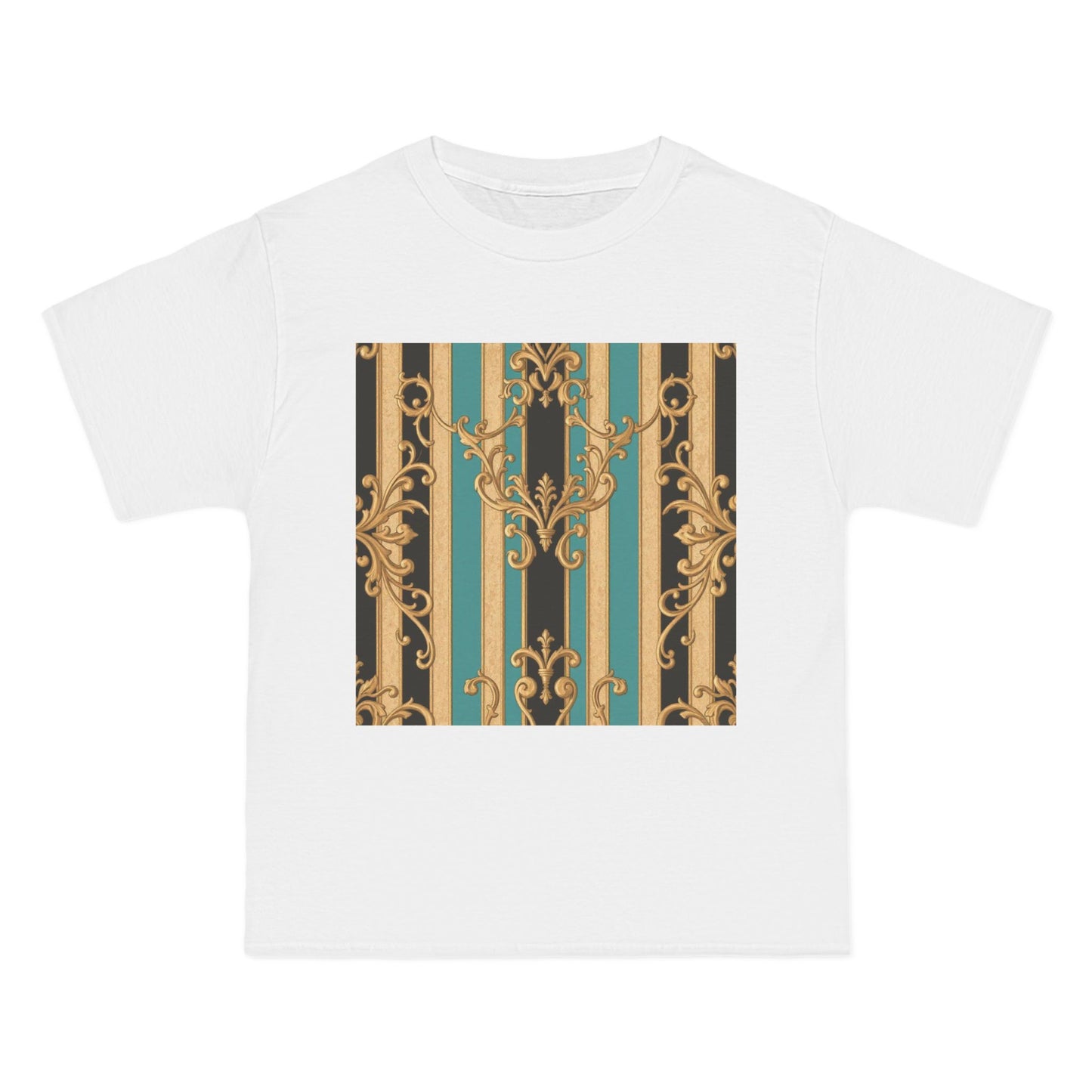 Chic Black, Tan & Ocean Green Striped Gold Baroque Vintage Pattern T-Shirt - Art Shirt, Stylish Casual Wear, Gifts & Everyday Fashion