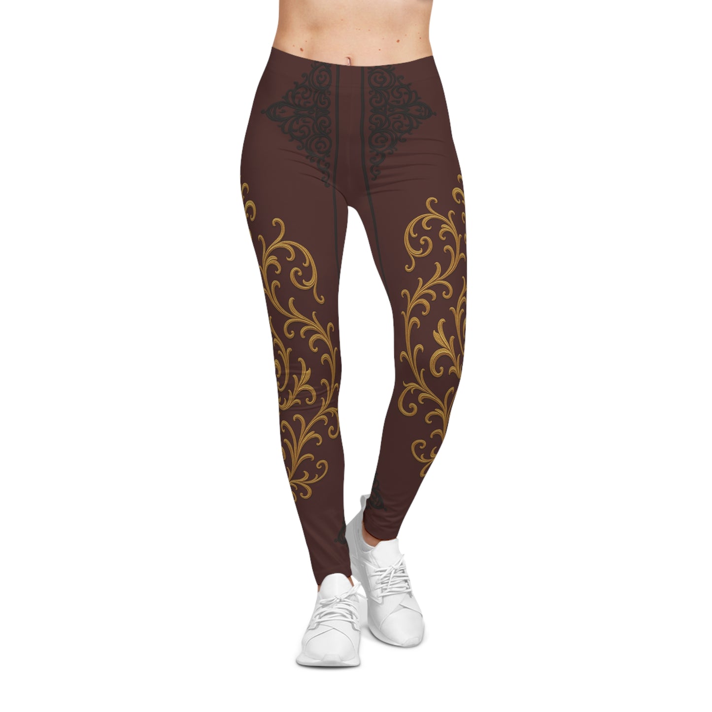 Dusk Burgundy-Black & Gold Baroque Leggings — Gold Scrollwork on Rich Burgundy AOP
