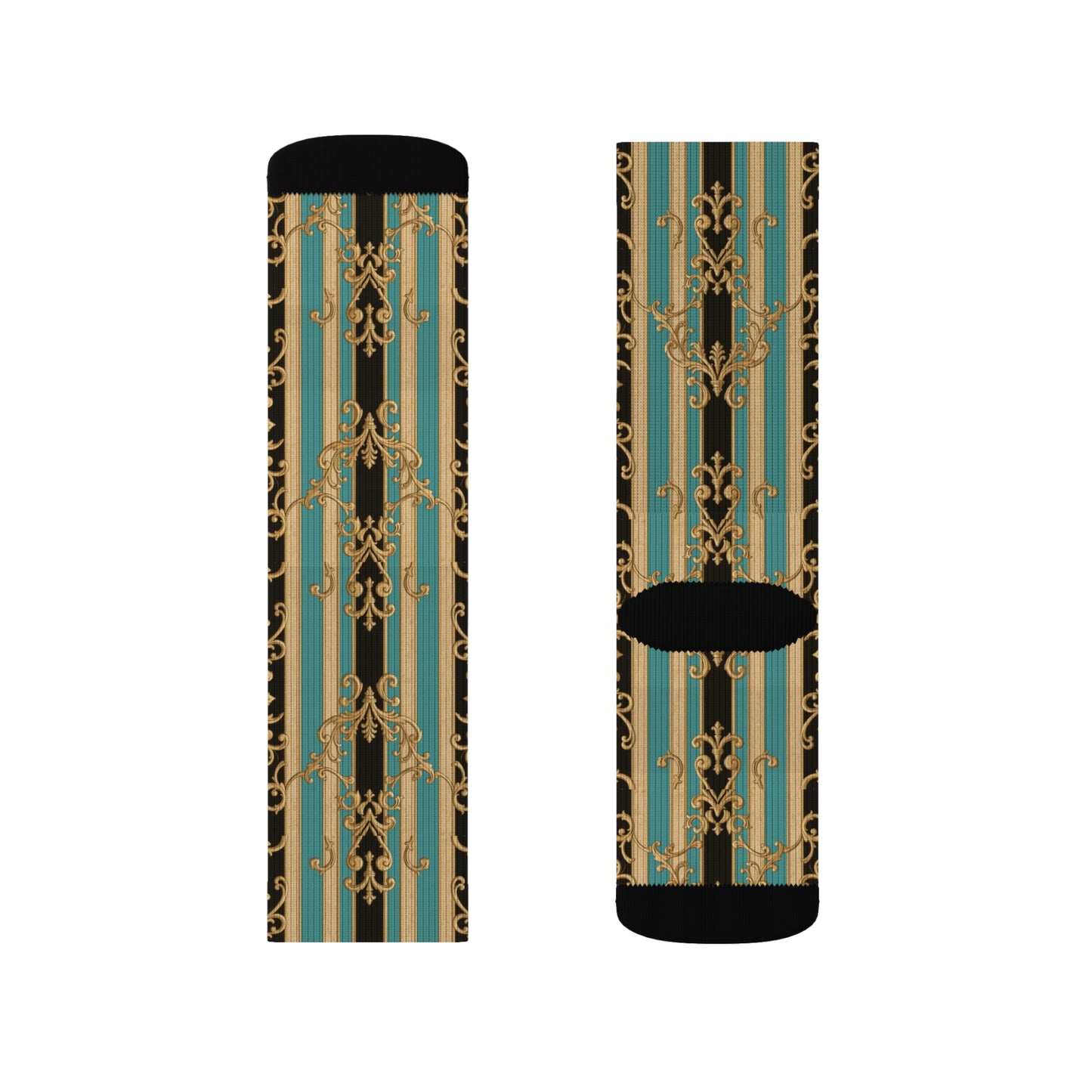 Stylish Black, Tan & Ocean Green Striped Gold Baroque Sublimation Socks, Unique Fashion Footwear, Trendy Gift for Fashion Lovers
