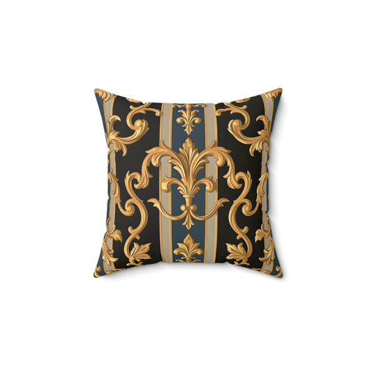 Elegant Faux Suede Square Pillow, Luxurious Home Decor, Sofa Cushion, Vintage Style Pillow - Blue & Black Striped Rococo