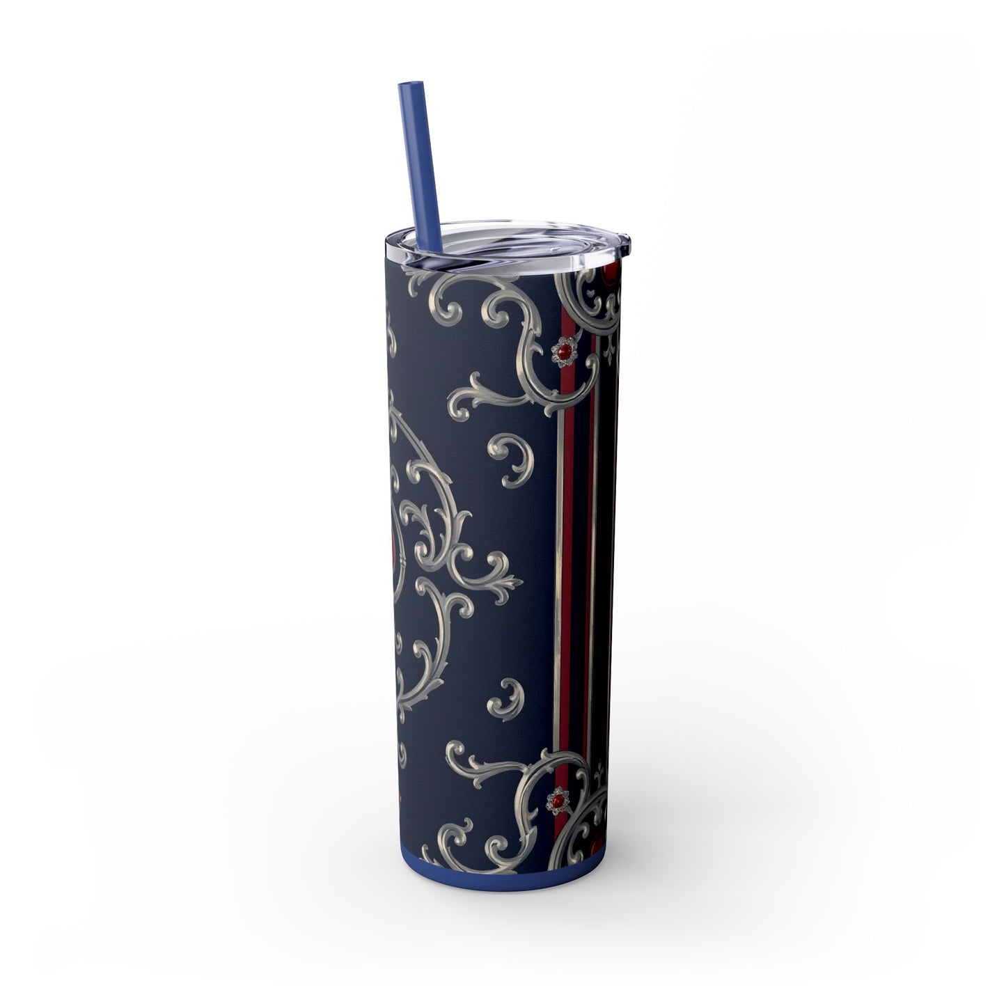 Elegant Patterned Skinny Tumbler with Straw, 20oz - Stylish Travel Mug, Personalized Gift, Wedding Favor - Blue & Red Striped Silver Baroque