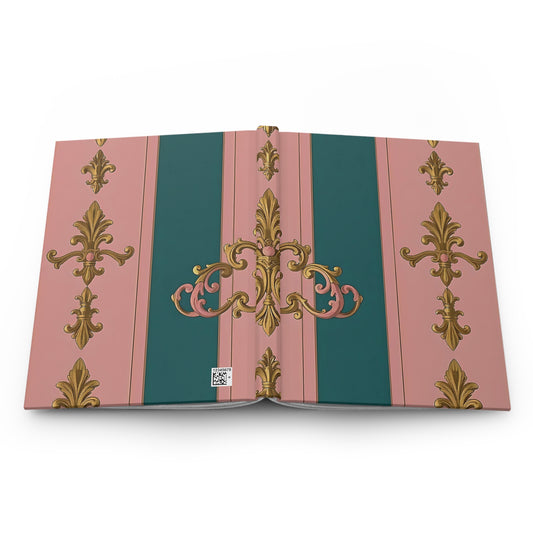 Elegant Vintage Hardcover Journal | Artistic Writing Notebook, Personal Diary, Gift for Writers - Pink & Teal Striped Gold Baroque