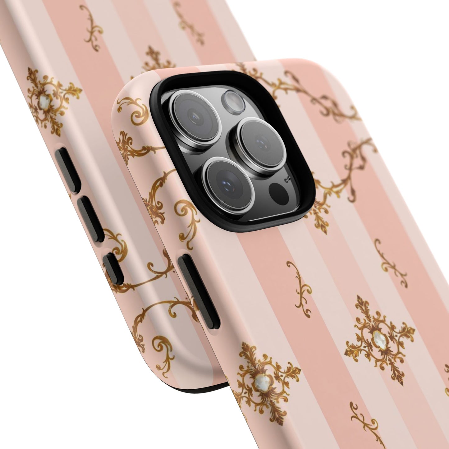 Elegant Floral Phone Case, Tough Cases for Women, Trendy Phone Cover, Chic Gift - Pink Jeweled Striped Gold Baroque