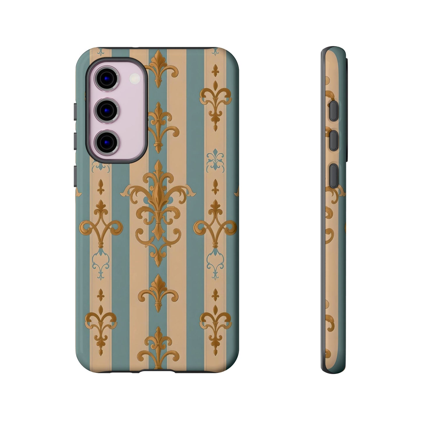 Elegant Floral Motif Phone Case - Tough Cases with Vintage Design -  Beige & Sky Blue Striped Gold Damask