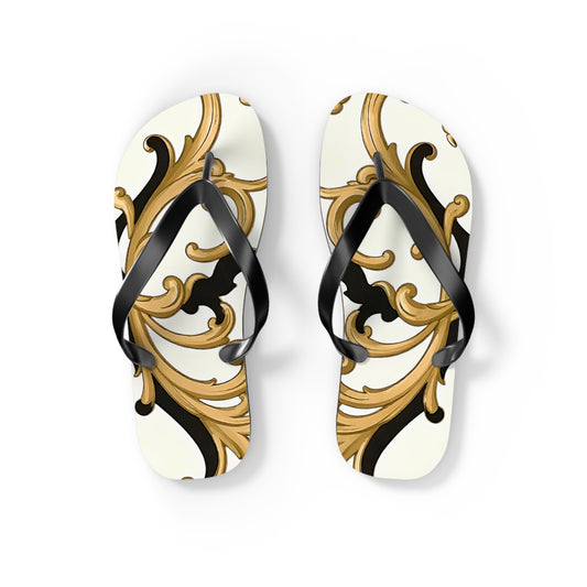 Elegant Floral Flip Flops, Beach Sandals, Summer Casual Footwear, Vacation Essentials, Poolside Accessories, Gift for Her - Black & Gold Rococo