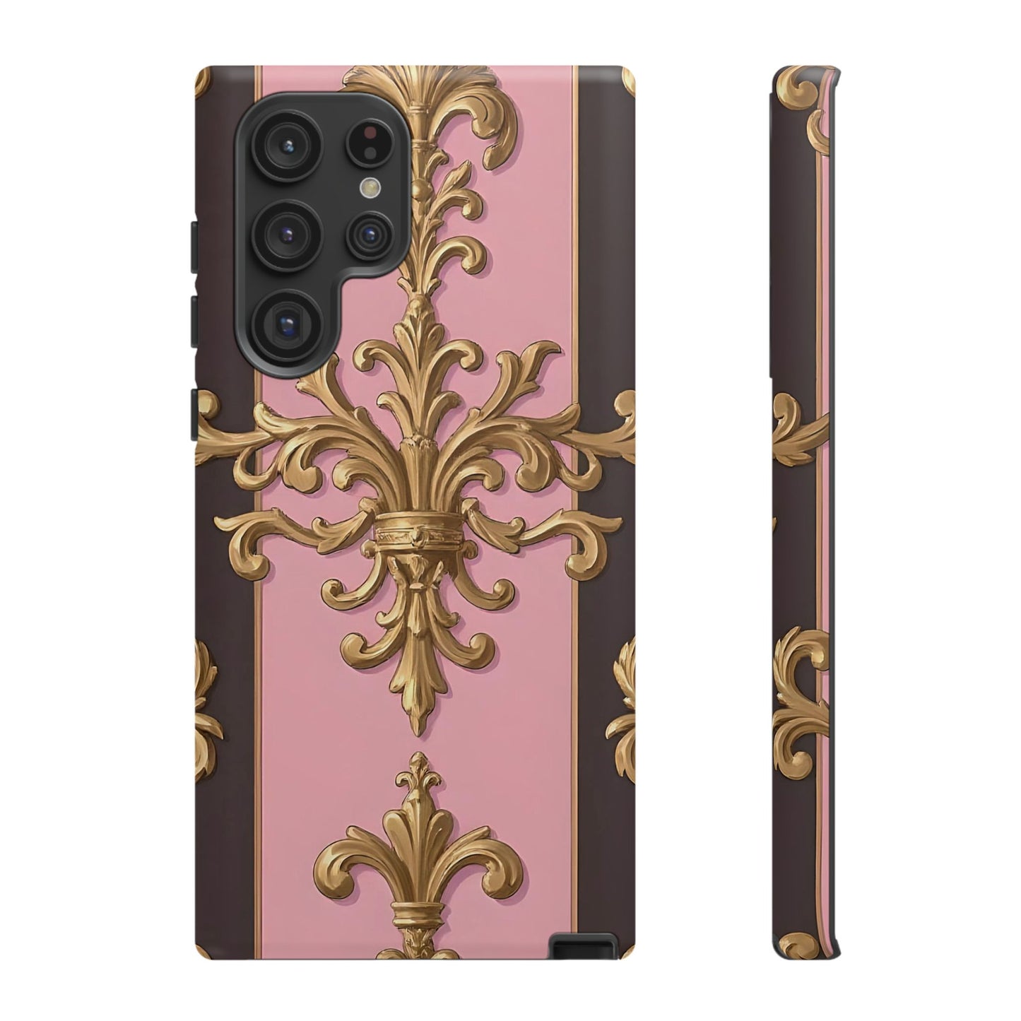 Elegant Floral Motif Phone Case - Tough Cases with Vintage Design - Pink & Brown Striped Gold Damask