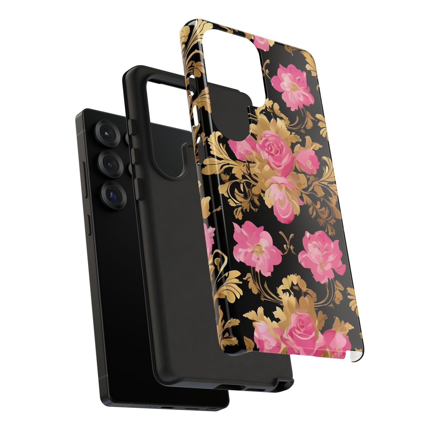 Elegant Floral Motif Phone Case - Tough Cases with Vintage Design - Pink & Gold Roses